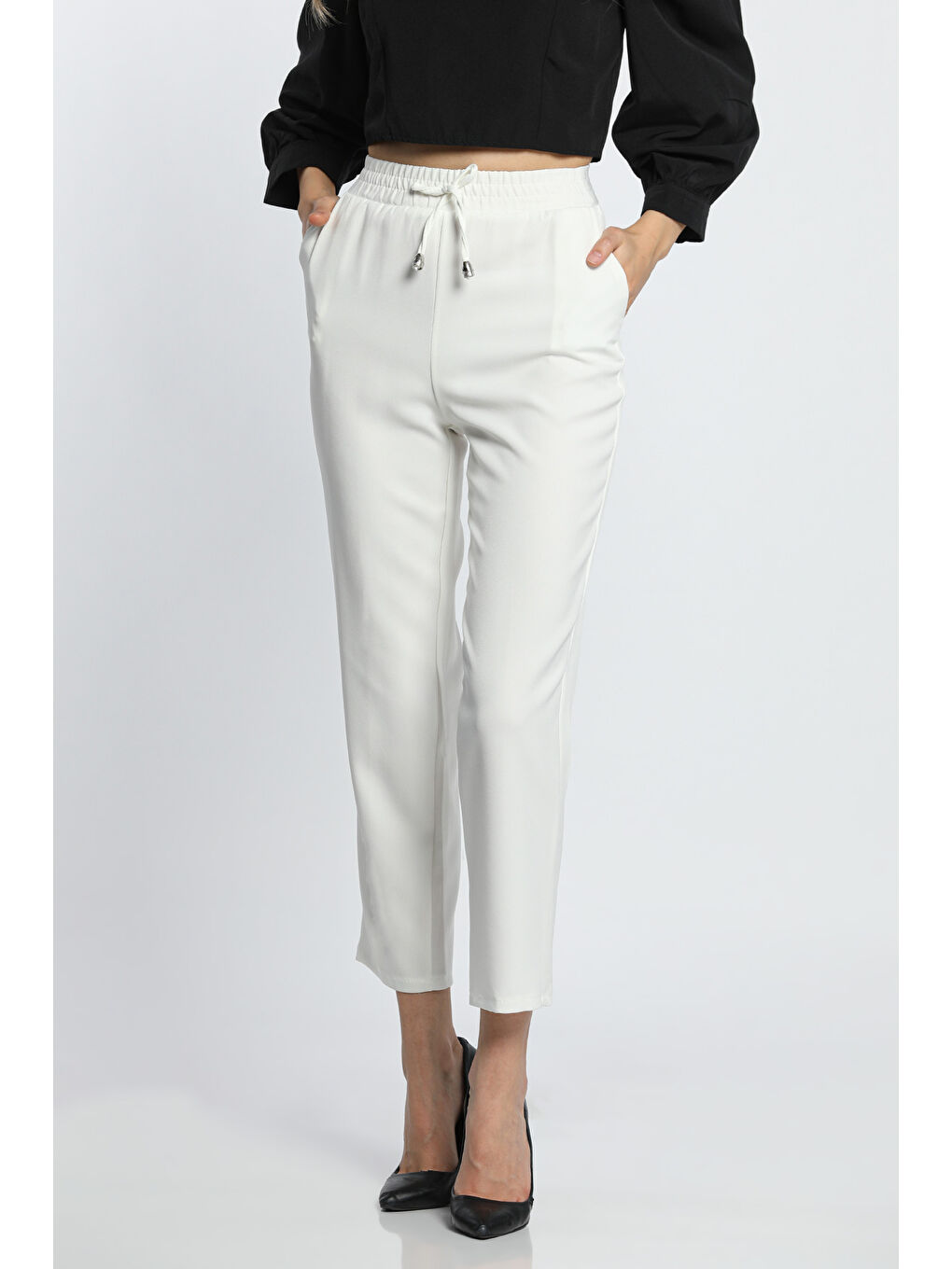 Ekru Bel Lastikli Slim Fit Kumaş Pantolon