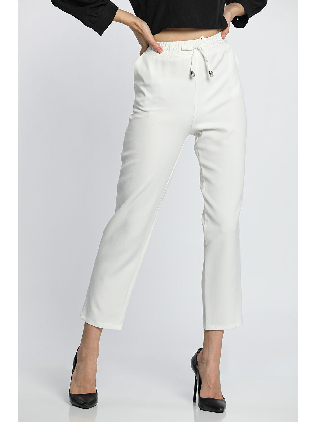 Ekru Bel Lastikli Slim Fit Kumaş Pantolon-1
