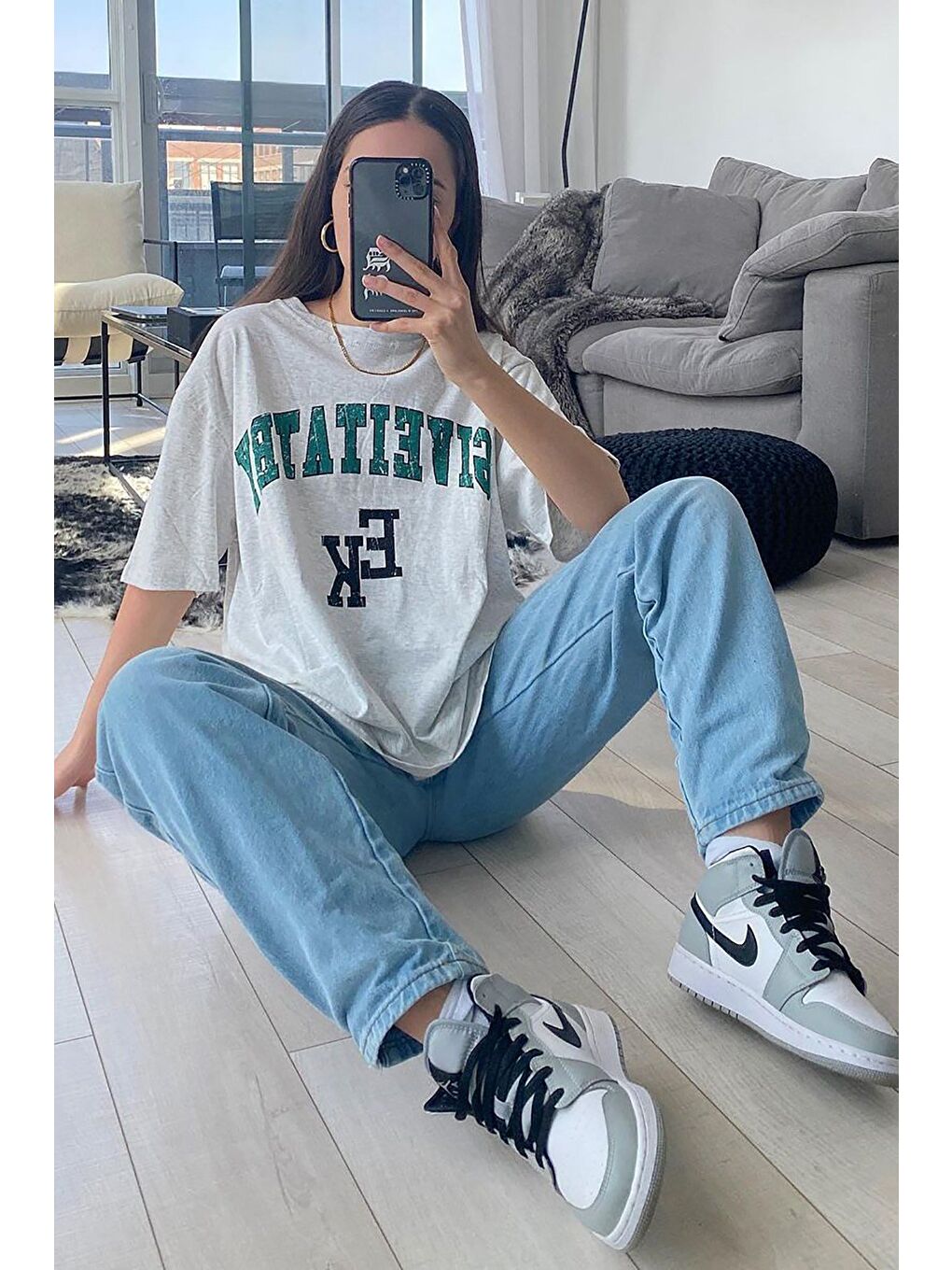 Kadın Gri Baskılı Oversize Tişört Mg1318-6