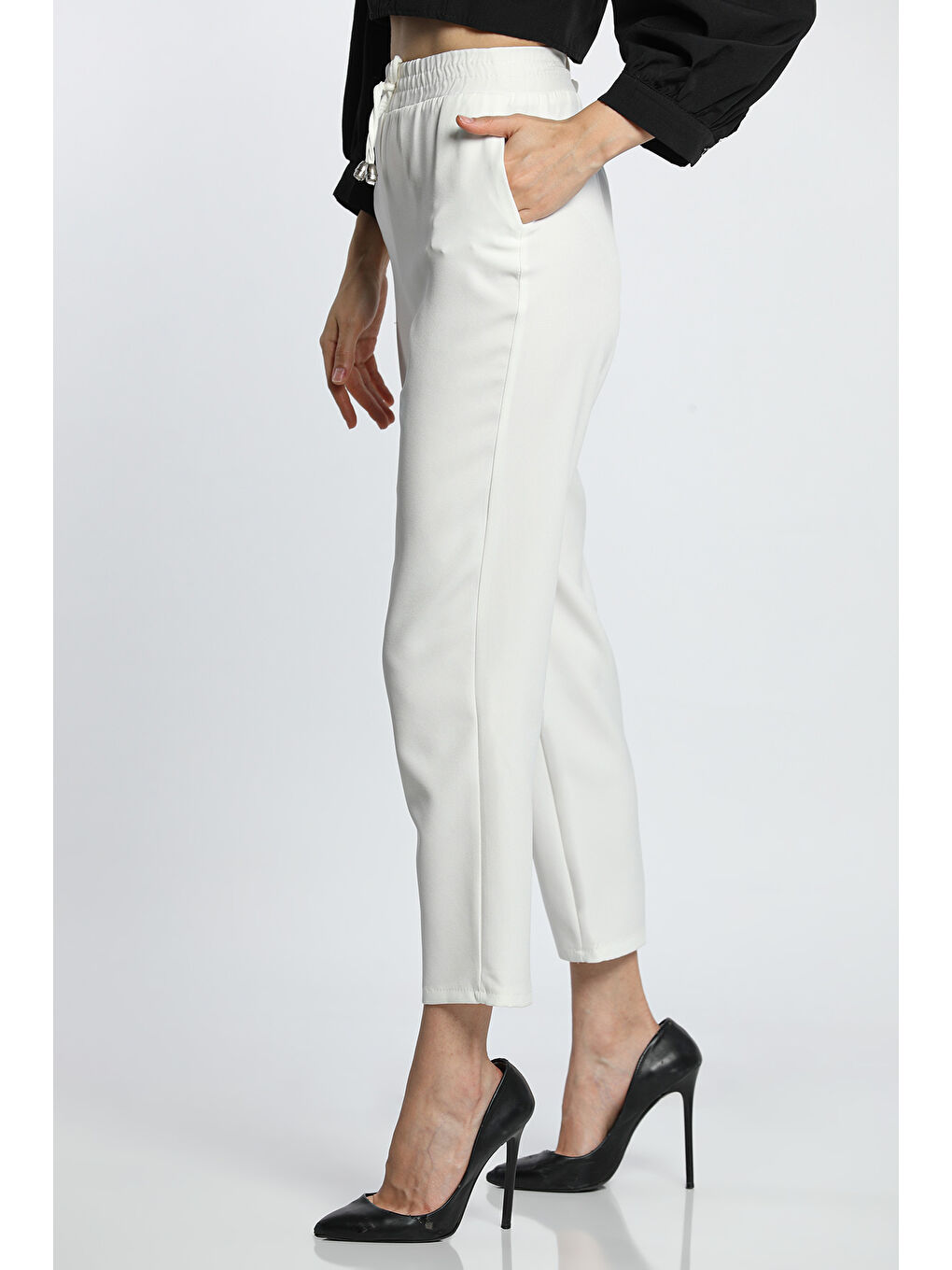 Ekru Bel Lastikli Slim Fit Kumaş Pantolon-2