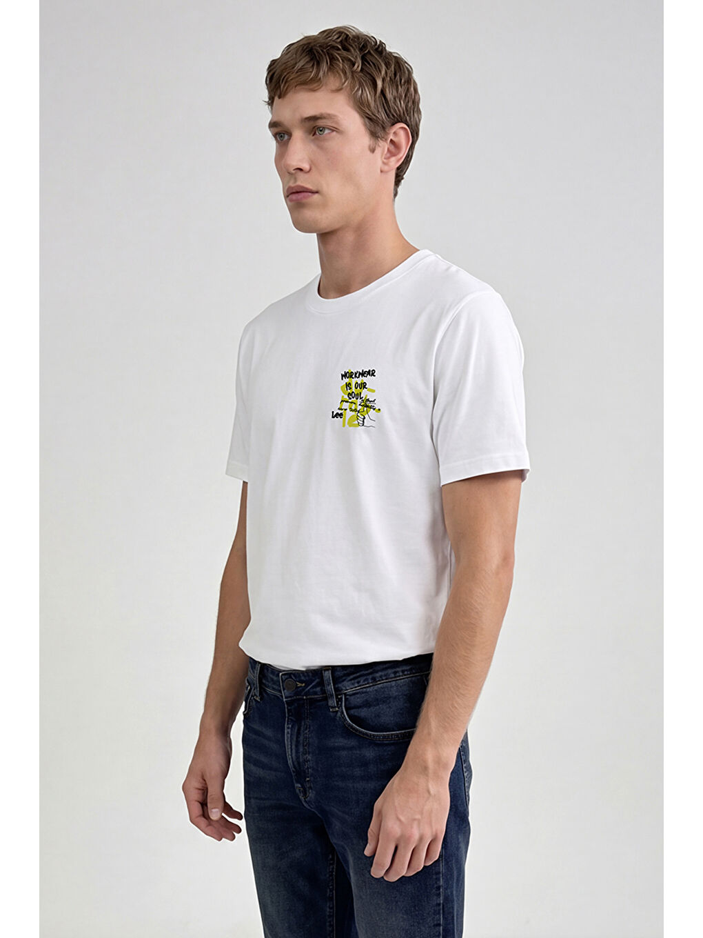 Beyaz %100 Pamuk Nefes Alabilir Kumaş Normal Kesim Bisiklet Yaka Tişört-2