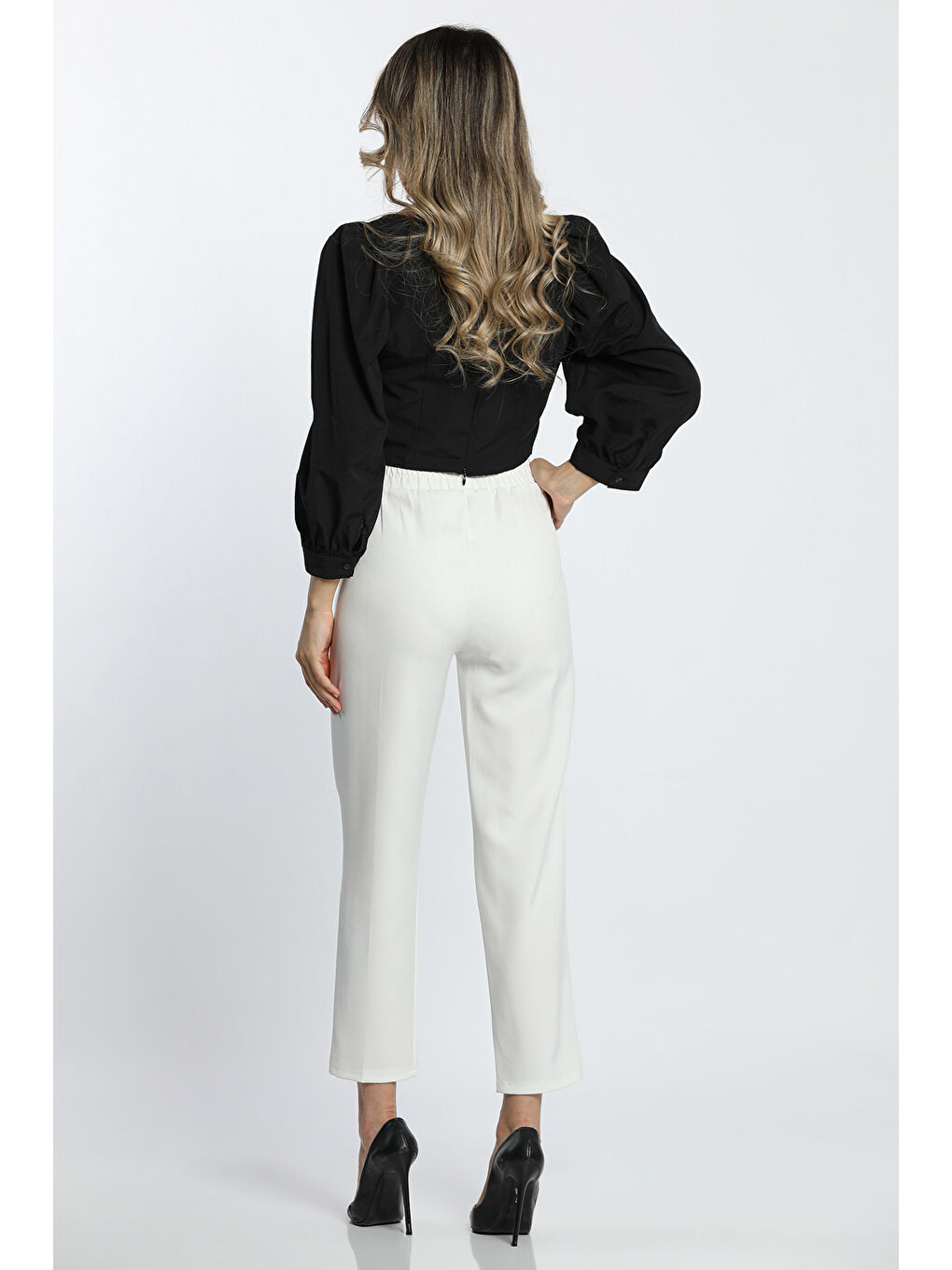 Ekru Bel Lastikli Slim Fit Kumaş Pantolon-5