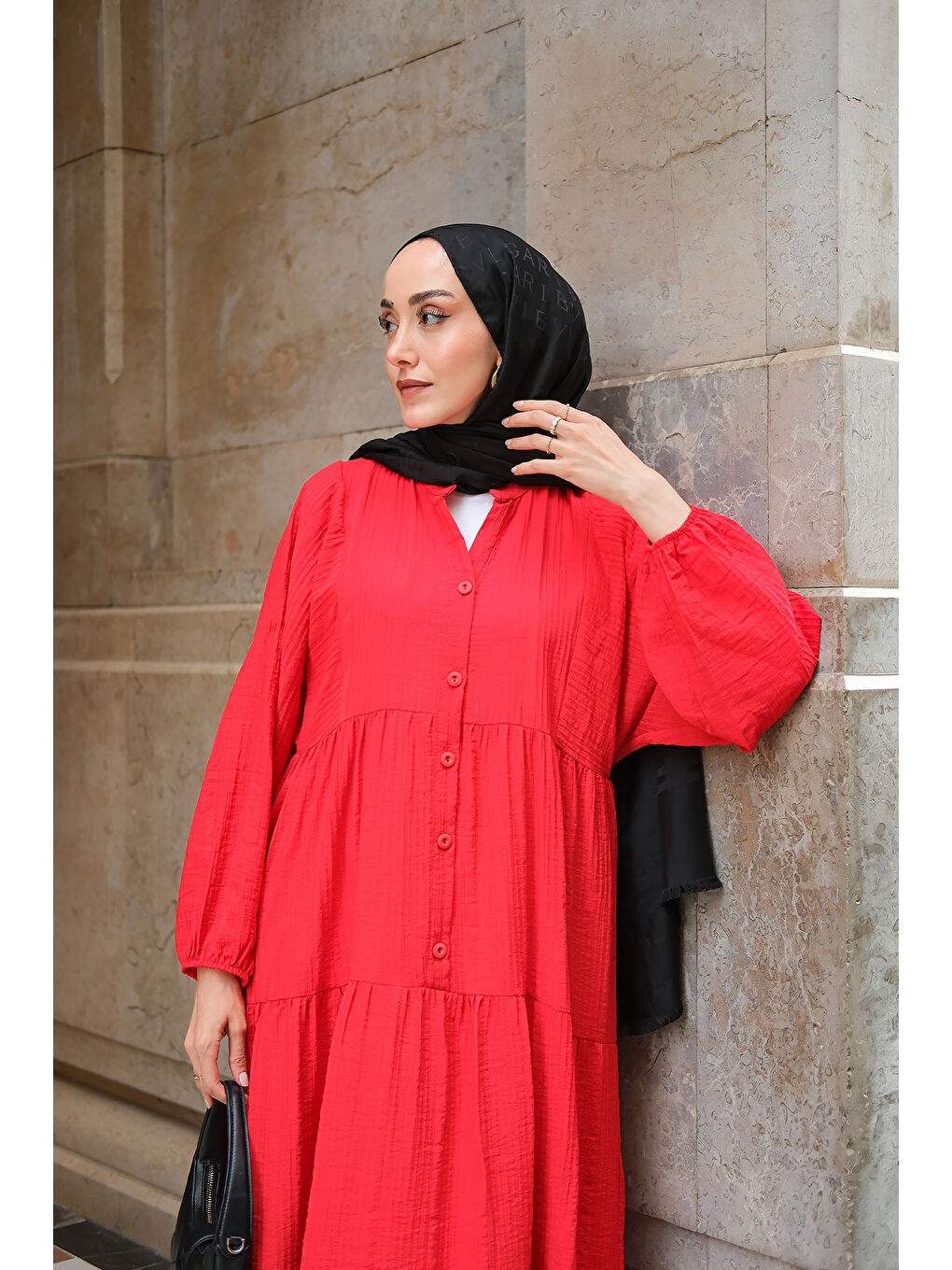 Kadın Kendinden Desenli Elbise Kırmızı-1