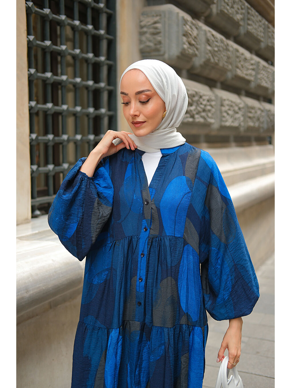 Kadın Parça Desenli Elbise Saks Mavi-1