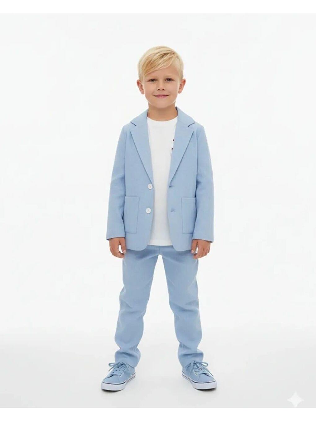 Erkek Çocuk Pamuklu Açık Mavi Blazer Takım – Ceket, Pantolon Ve T-Shirt Dahil (3'Lü Set)-1