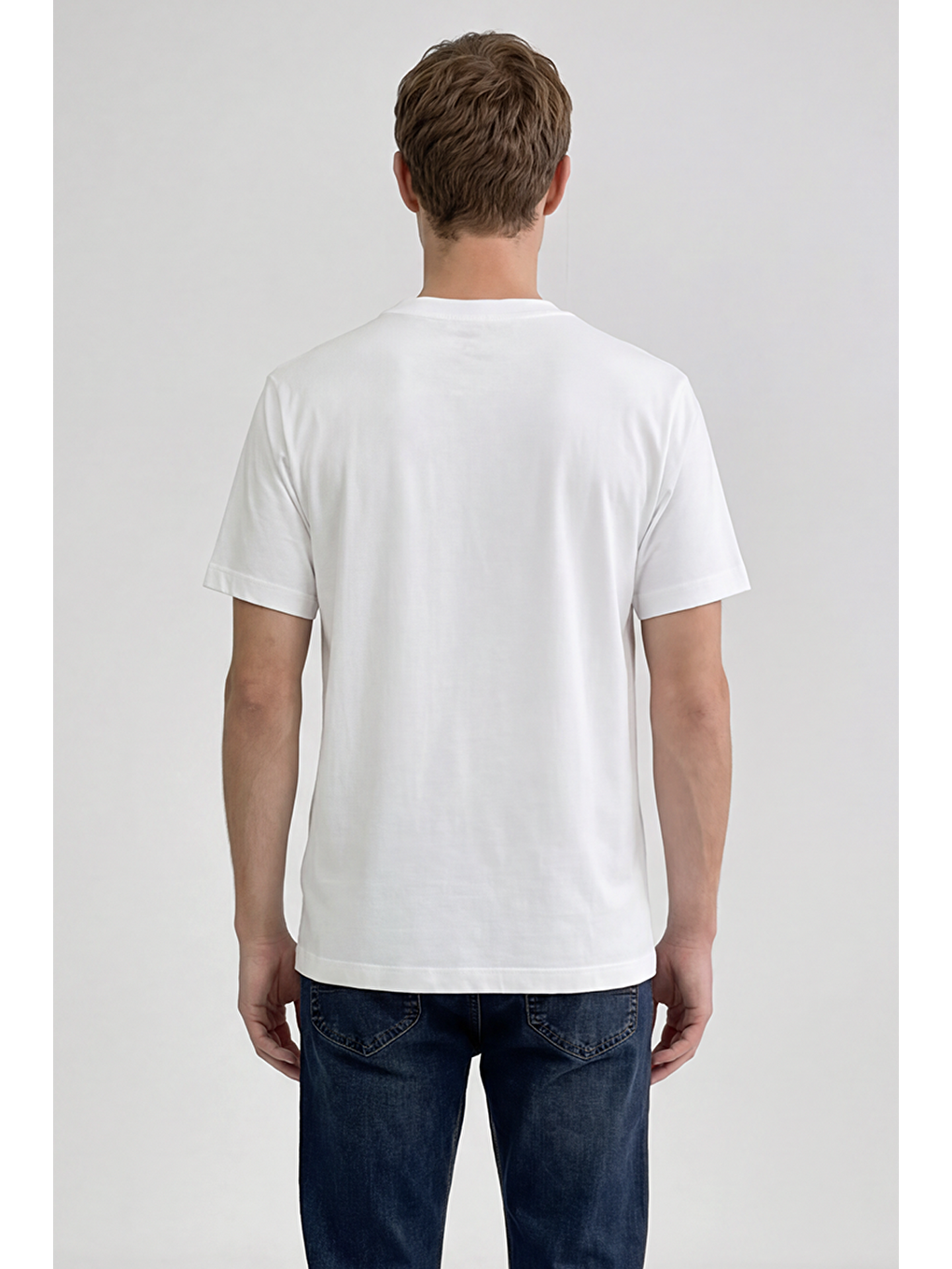 Beyaz %100 Pamuk Nefes Alabilir Kumaş Normal Kesim Bisiklet Yaka Tişört-4