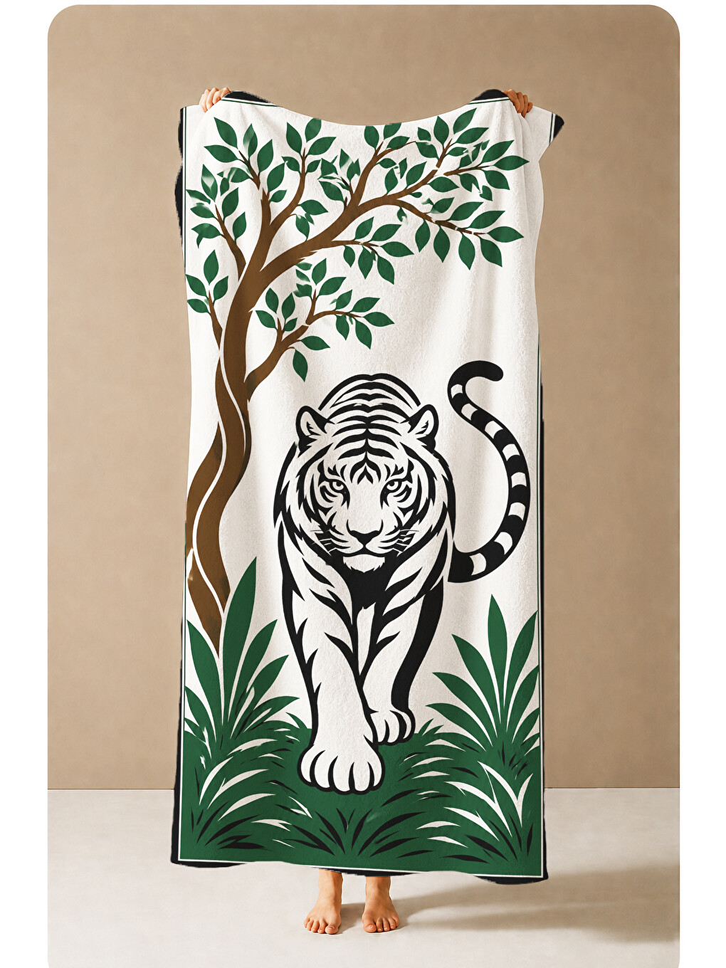 Safari Tropikal Siyah Beyaz Kaplan Yapraklı Desenli 70x150 Plaj Havlusu - Pamuklu Banyo Havlusu-1