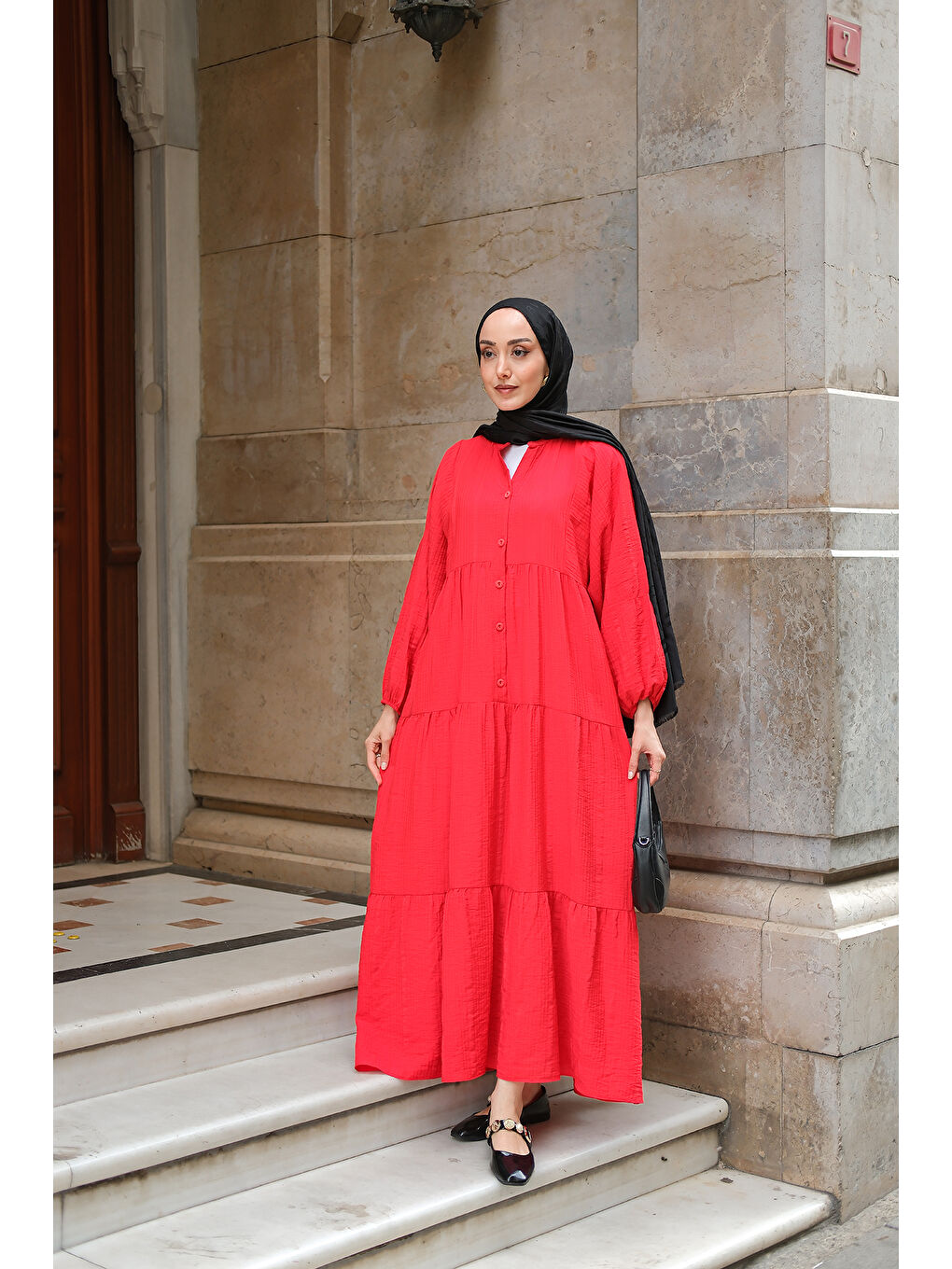 Kadın Kendinden Desenli Elbise Kırmızı-2