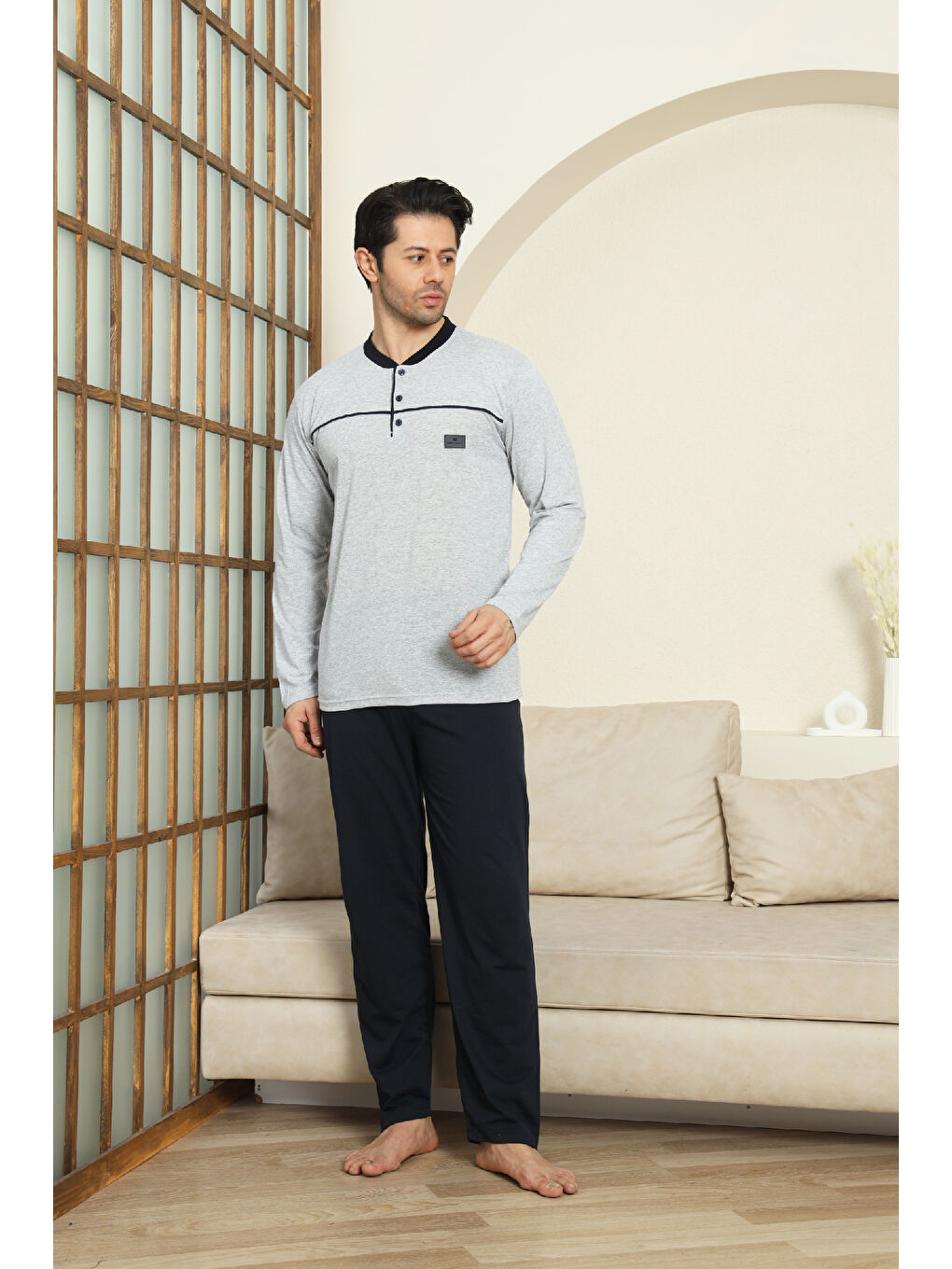 Gri Erkek %100 Pamuklu Pijama Takımı-Robalı ve 3 Düğmeli-12489