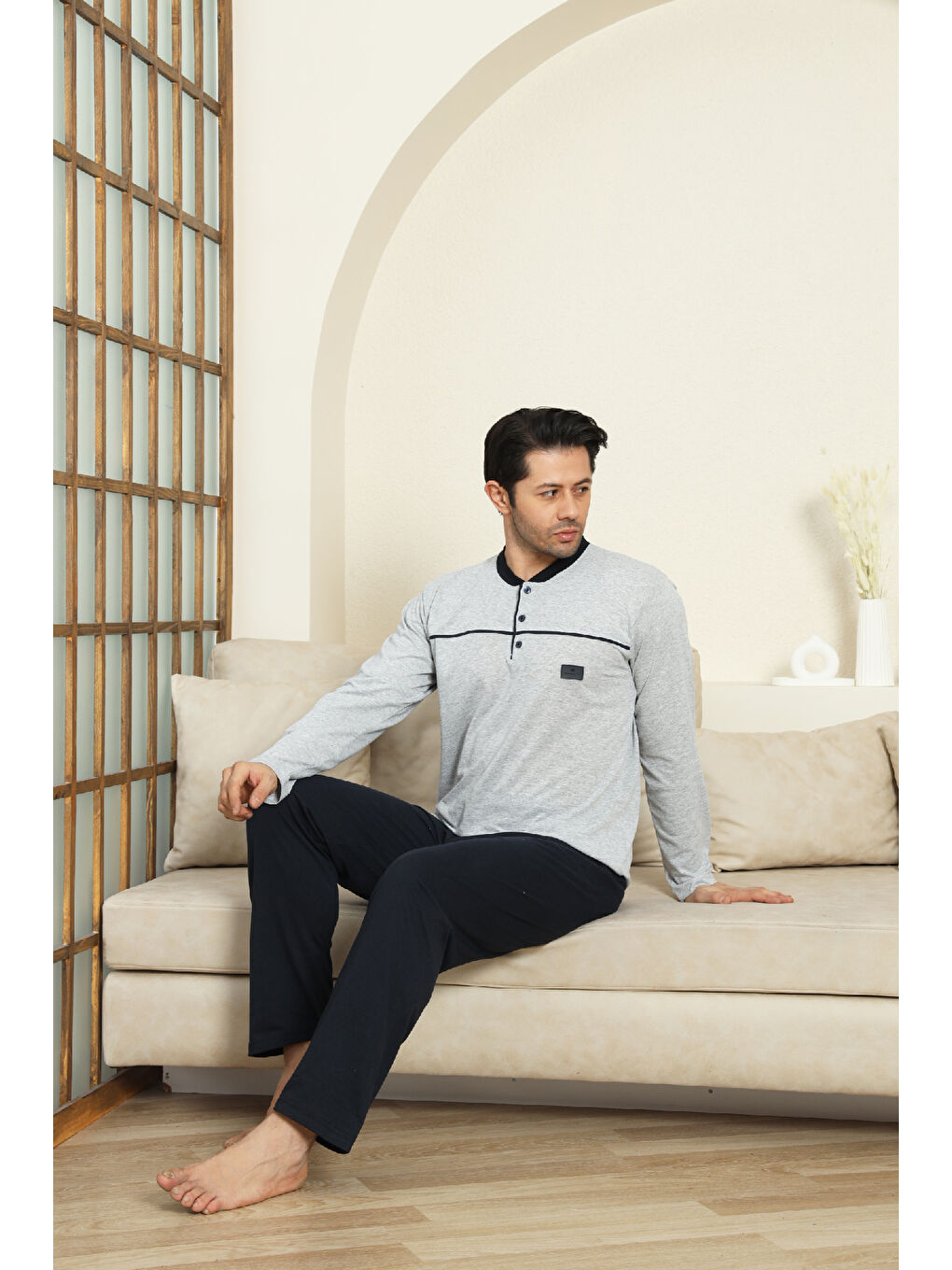 Gri Erkek %100 Pamuklu Pijama Takımı-Robalı ve 3 Düğmeli-12489-1