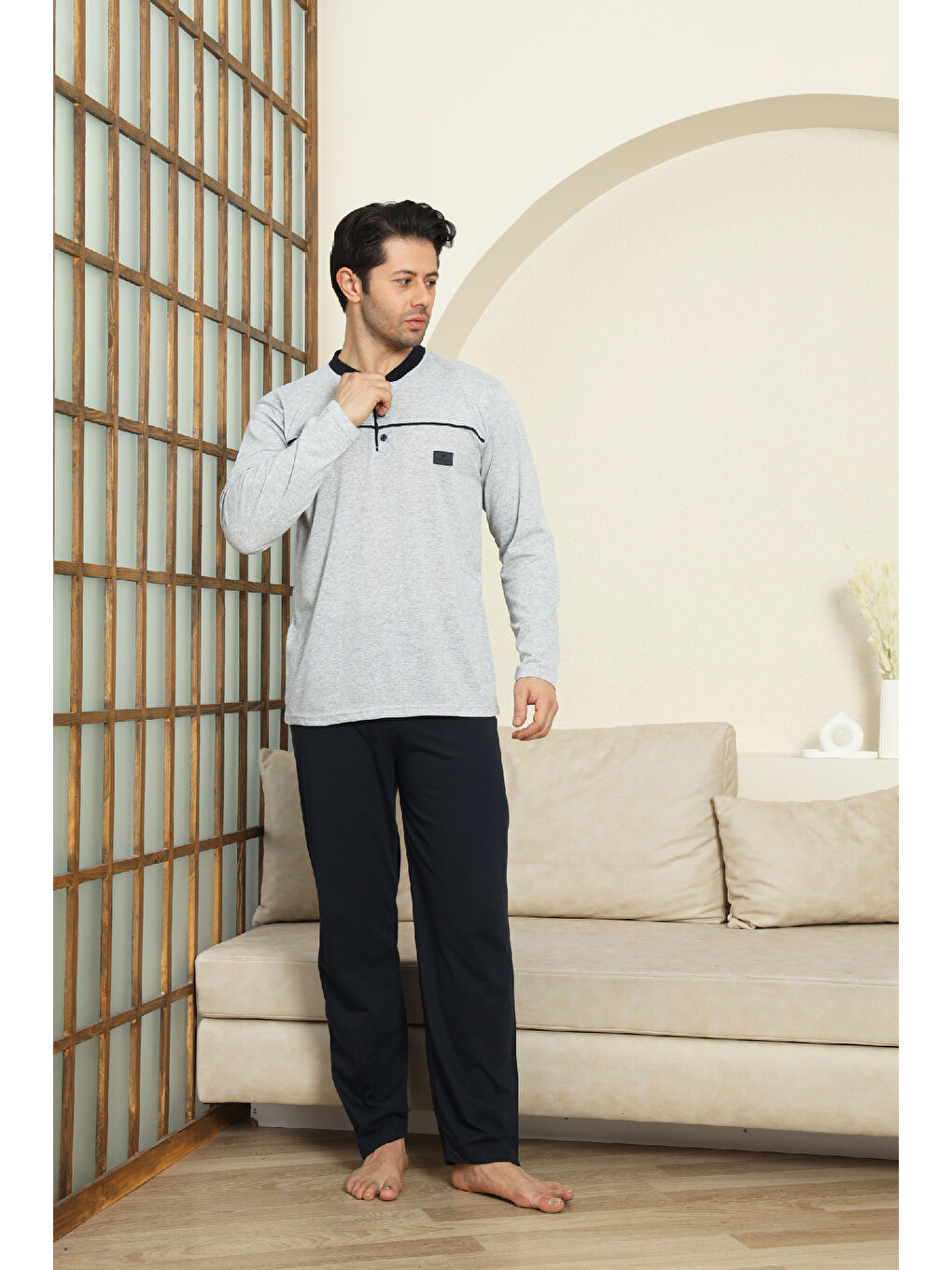 Gri Erkek %100 Pamuklu Pijama Takımı-Robalı ve 3 Düğmeli-12489-2