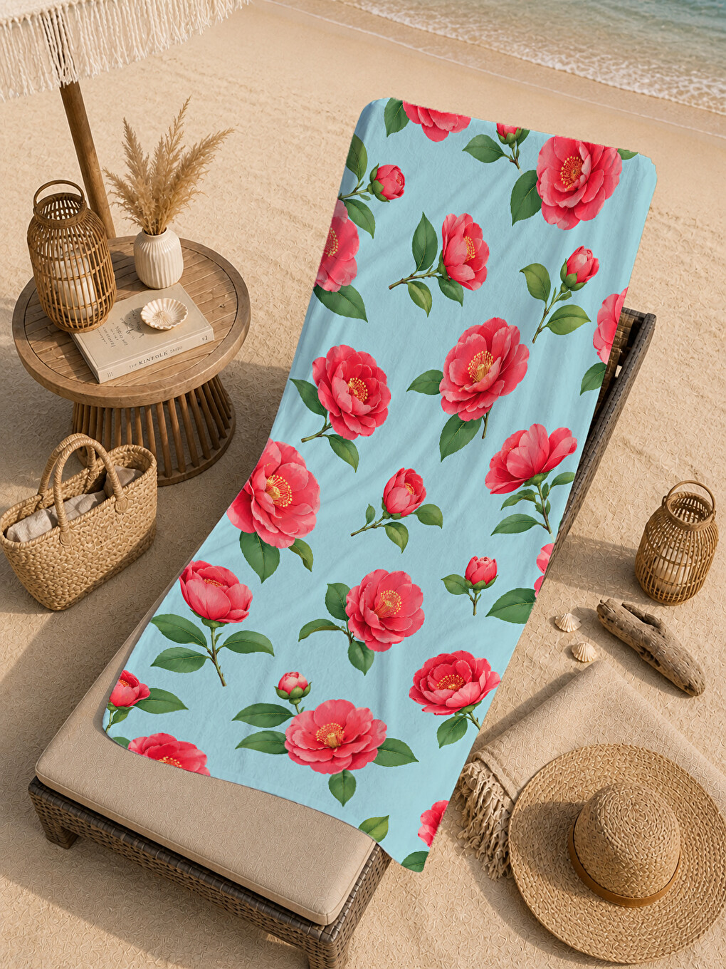 Yeşil Kırmızı Gelincik Mint Botanik Desenli 70x150 Plaj Havlusu - Dijital Baskılı Solmaz Banyo Havlusu-1