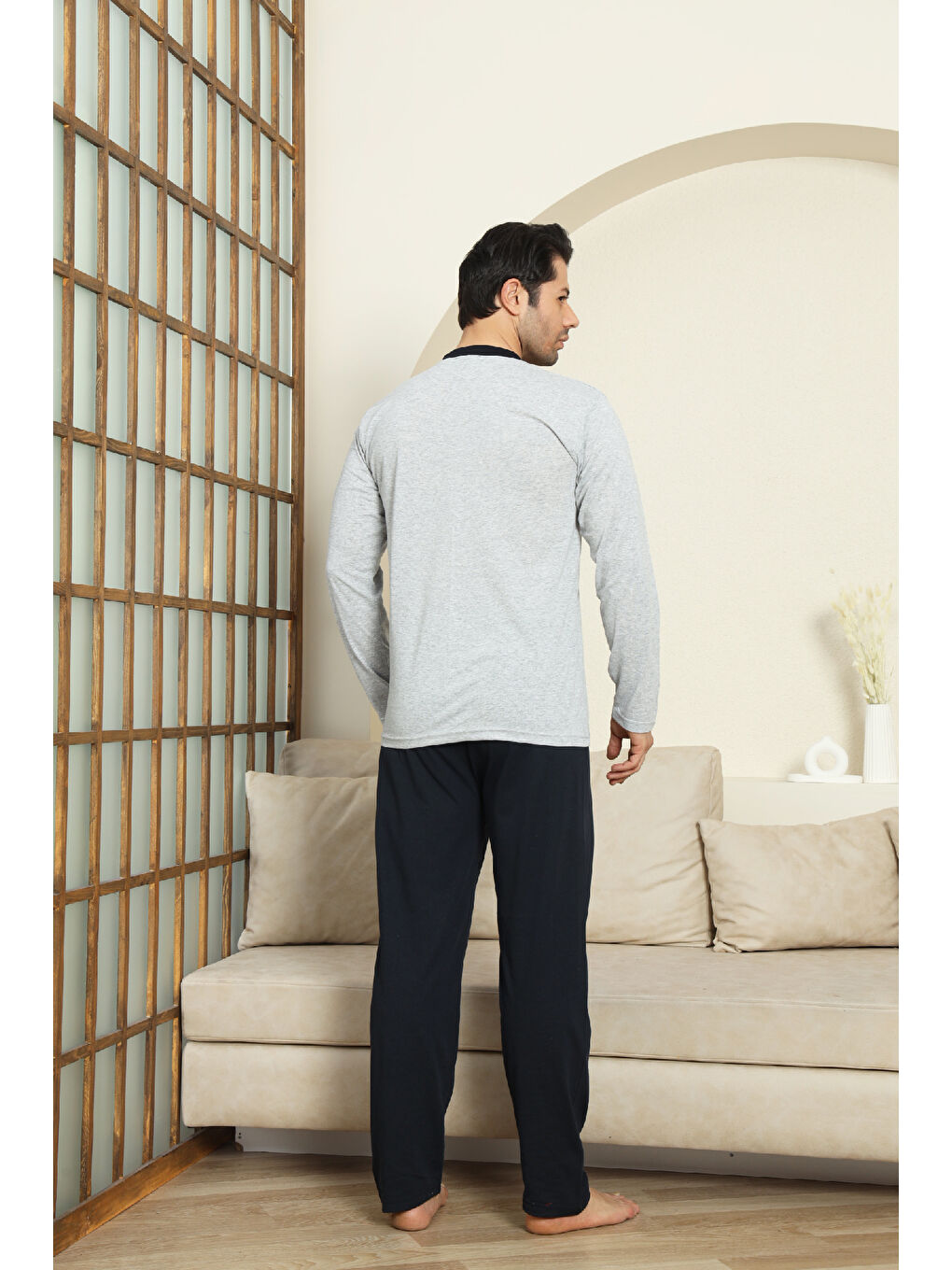 Gri Erkek %100 Pamuklu Pijama Takımı-Robalı ve 3 Düğmeli-12489-3