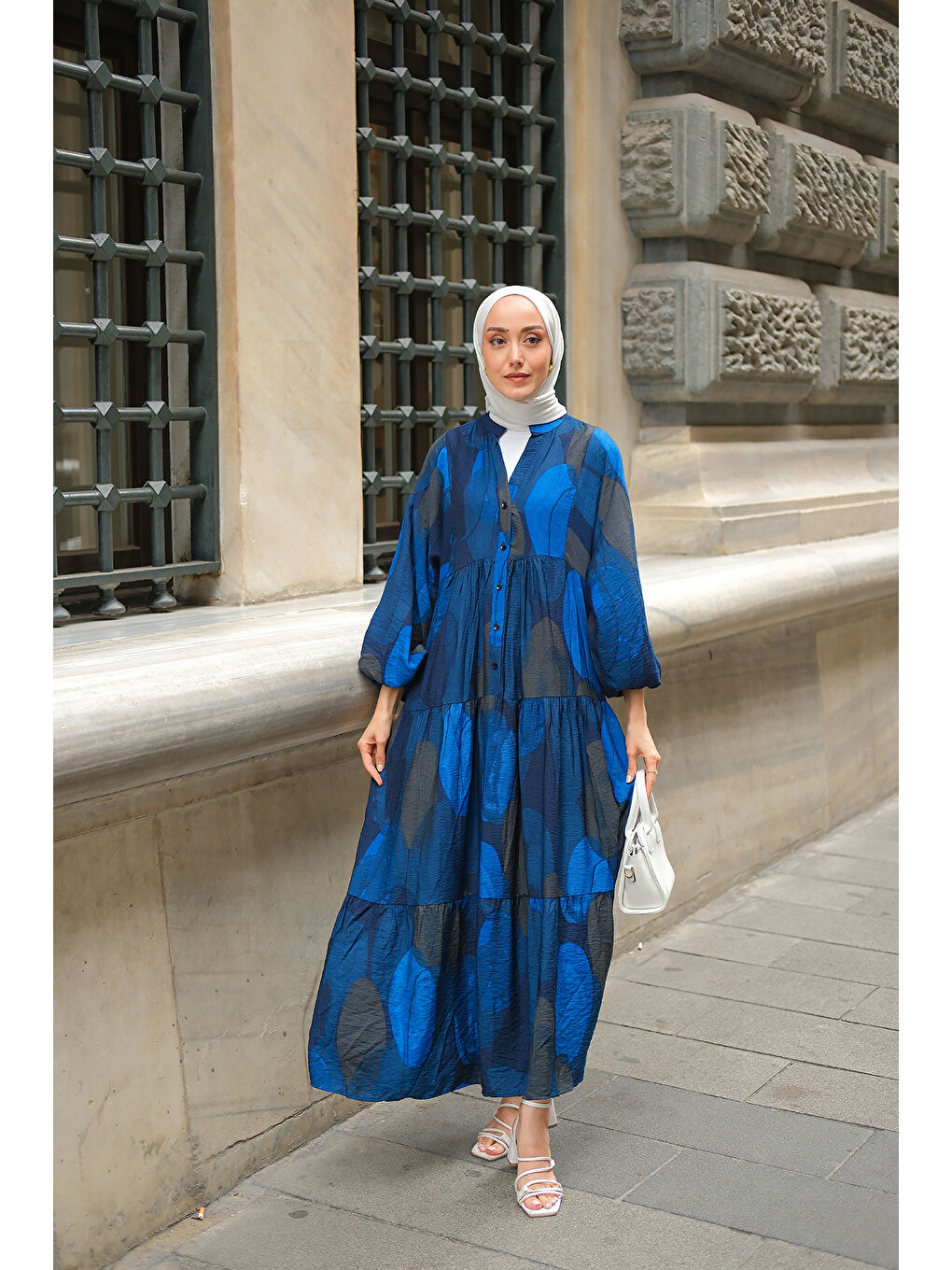 Kadın Parça Desenli Elbise Saks Mavi-2