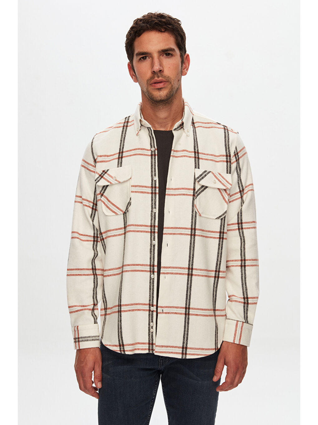 Regular Fit Ekru Ekose Oduncu Gömlek-1