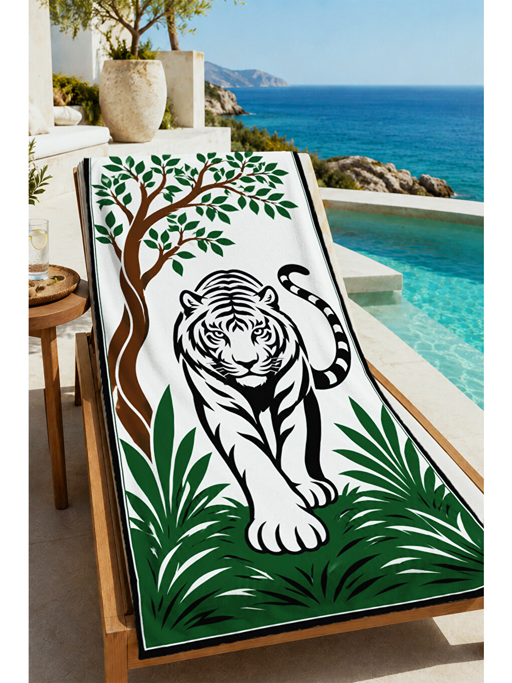 Safari Tropikal Siyah Beyaz Kaplan Yapraklı Desenli 70x150 Plaj Havlusu - Pamuklu Banyo Havlusu-4