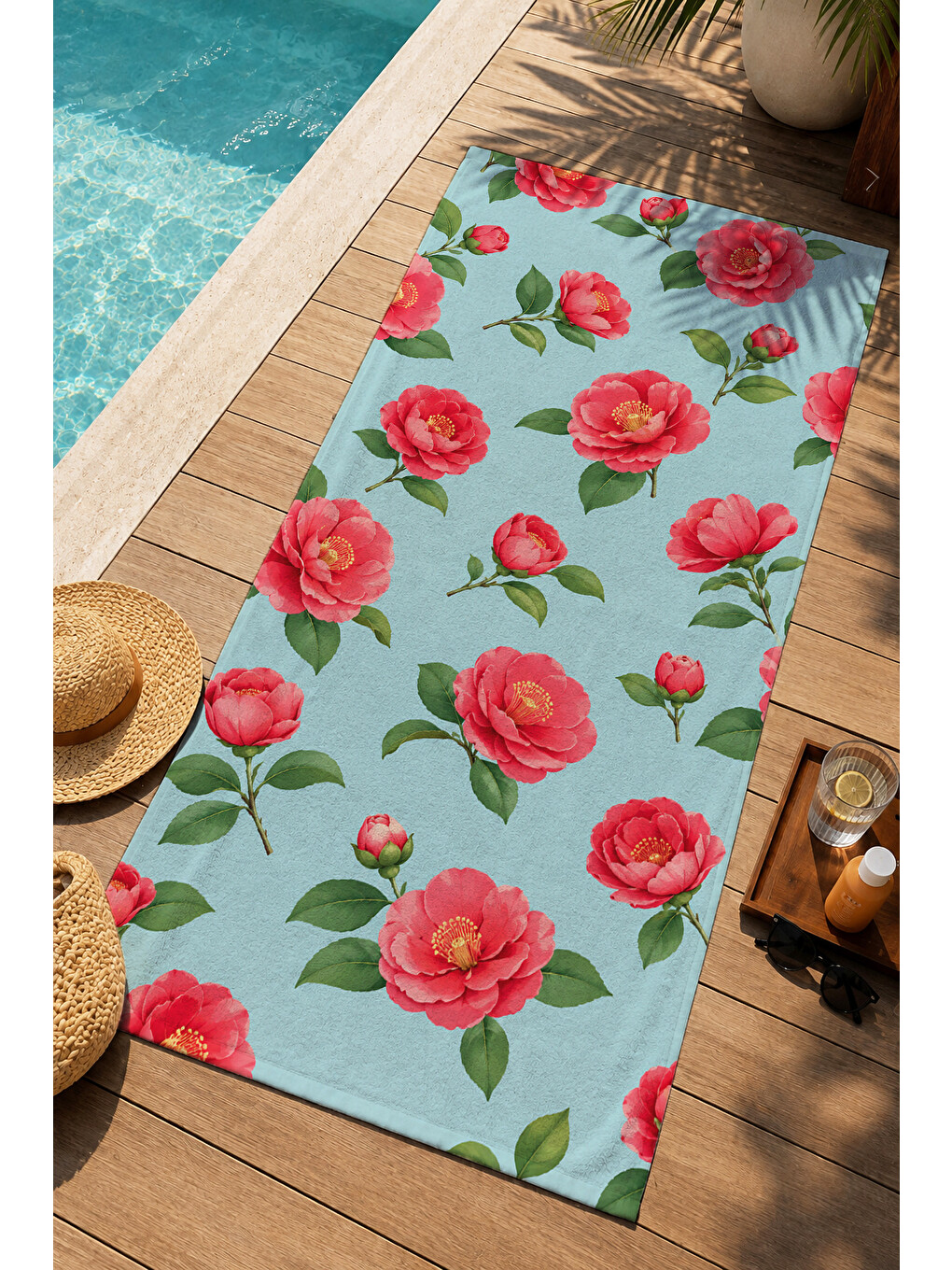 Yeşil Kırmızı Gelincik Mint Botanik Desenli 70x150 Plaj Havlusu - Dijital Baskılı Solmaz Banyo Havlusu-3