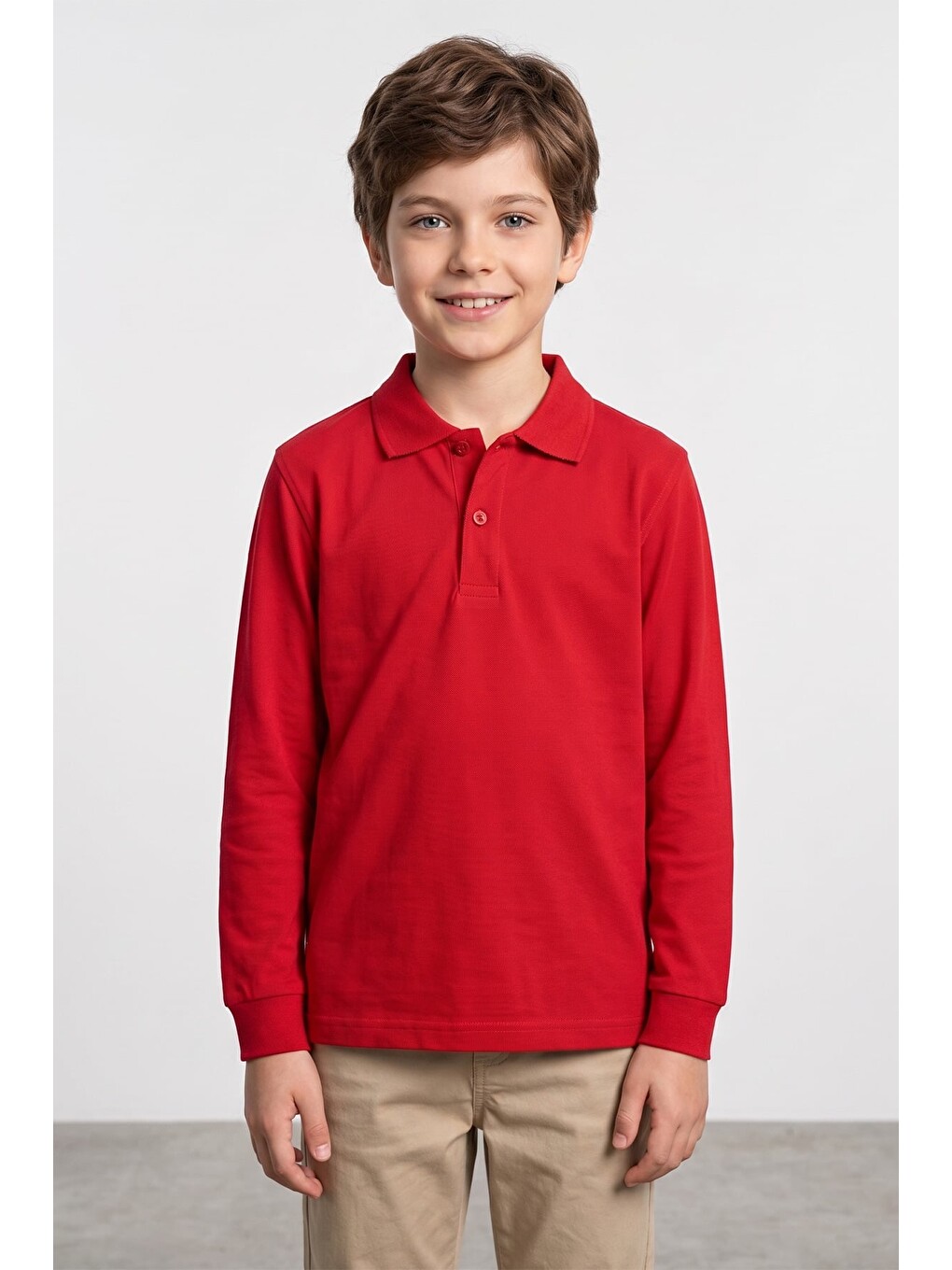 Kırmızı Basic Polo Yaka Uzun Kollu Unisex Çocuk Tişört