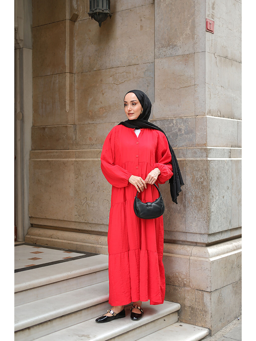 Kadın Kendinden Desenli Elbise Kırmızı-3