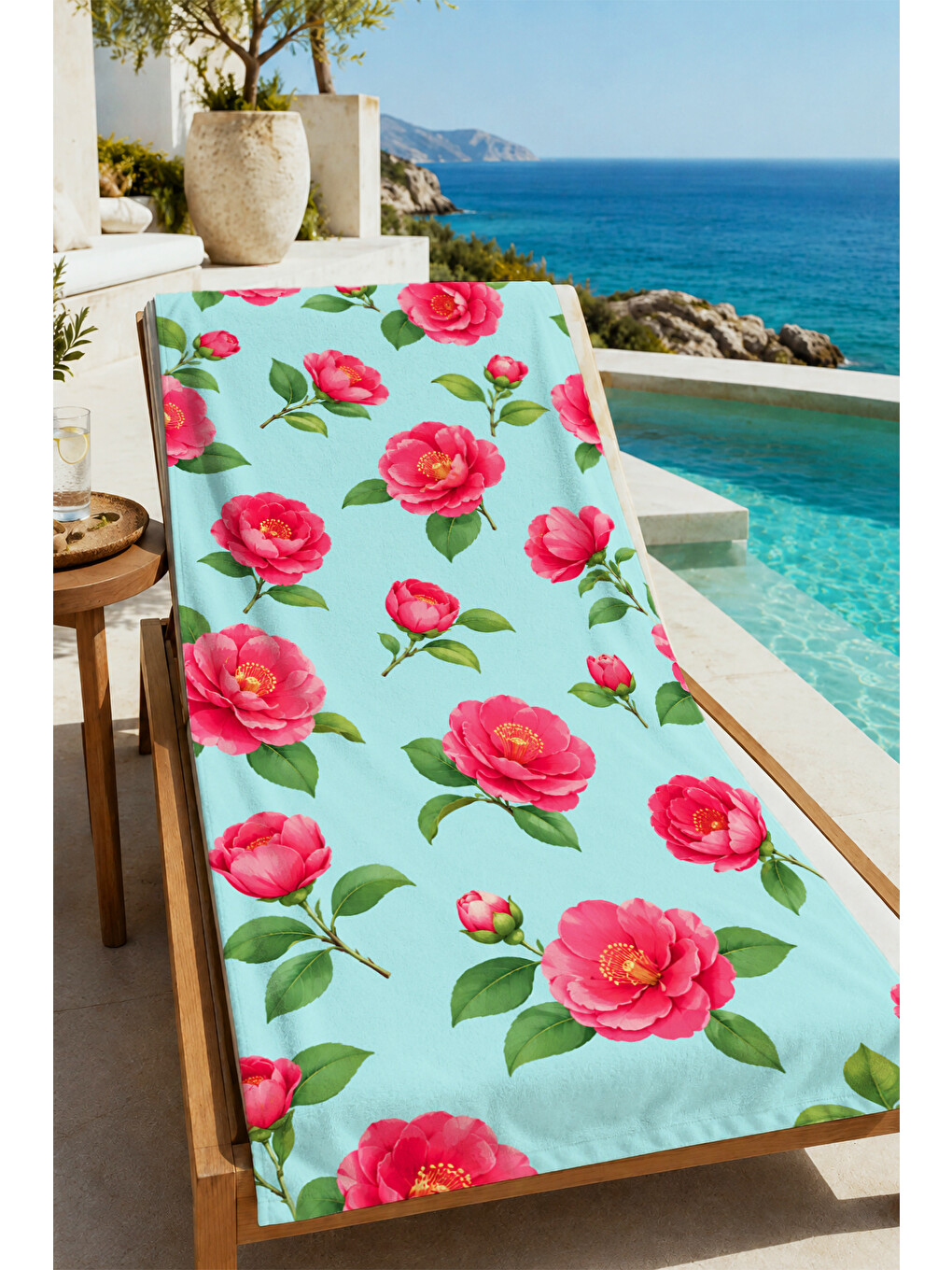 Yeşil Kırmızı Gelincik Mint Botanik Desenli 70x150 Plaj Havlusu - Dijital Baskılı Solmaz Banyo Havlusu-4