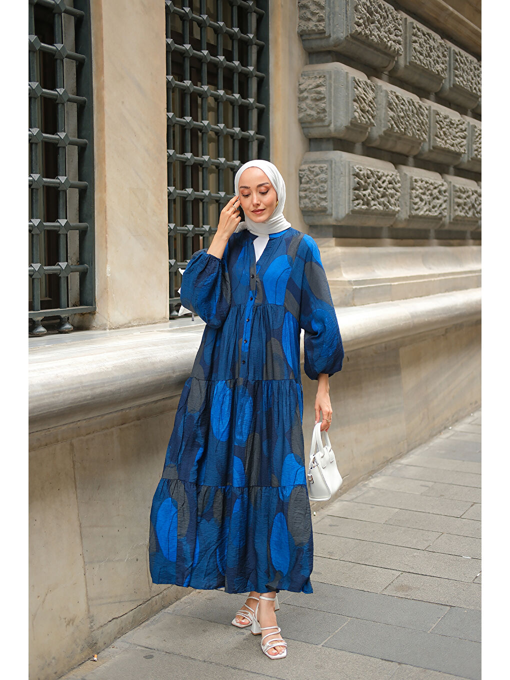 Kadın Parça Desenli Elbise Saks Mavi-3