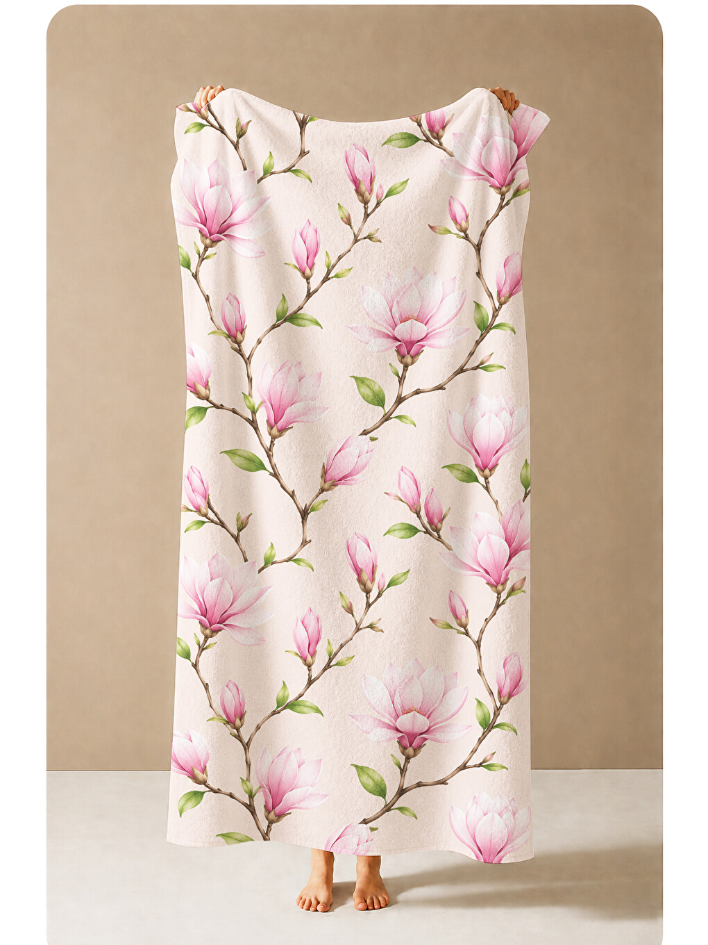 Romantik Pembe Manolya Dalları Desenli 70x150 Plaj Havlusu - Dijital Baskılı Banyo Havlusu