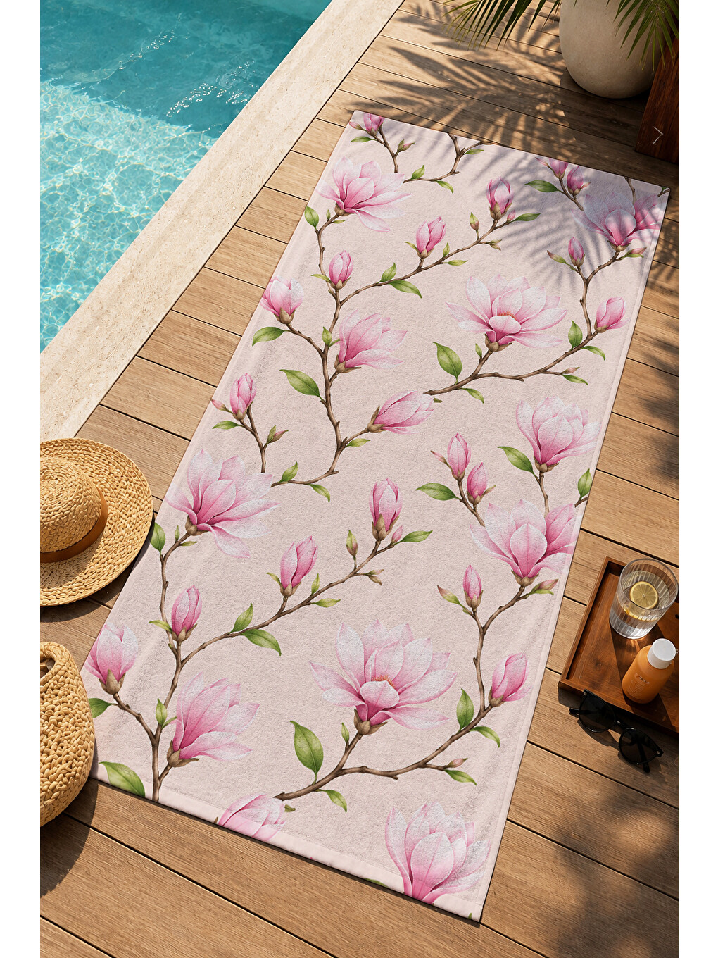 Romantik Pembe Manolya Dalları Desenli 70x150 Plaj Havlusu - Dijital Baskılı Banyo Havlusu-1