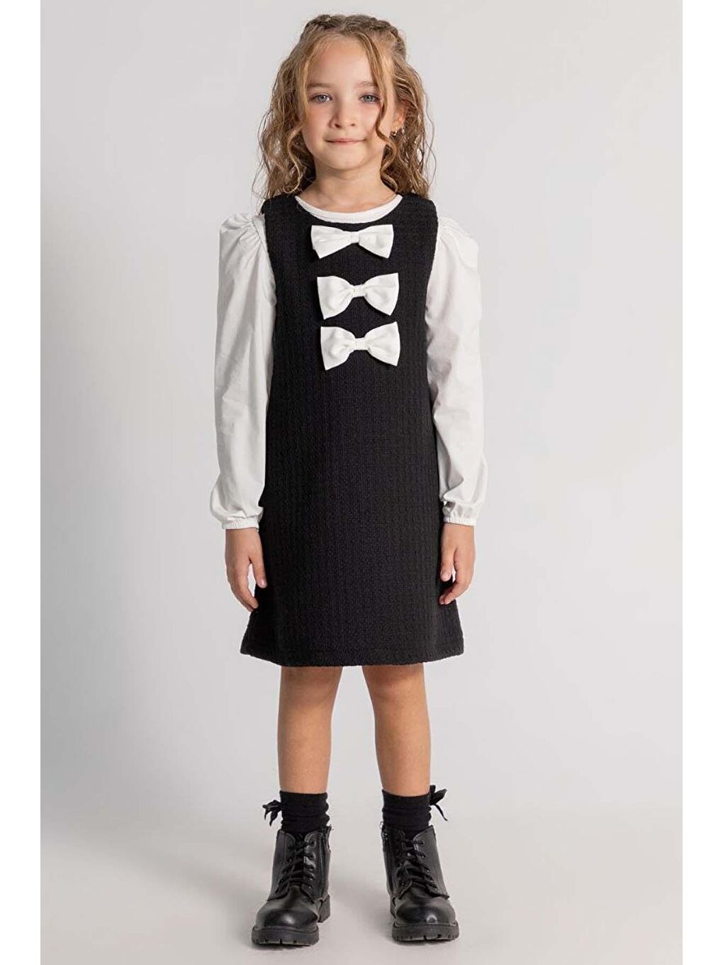 Karışık Kız Çocuk Pamuklu Siyah Fiyonk Detaylı Elbise