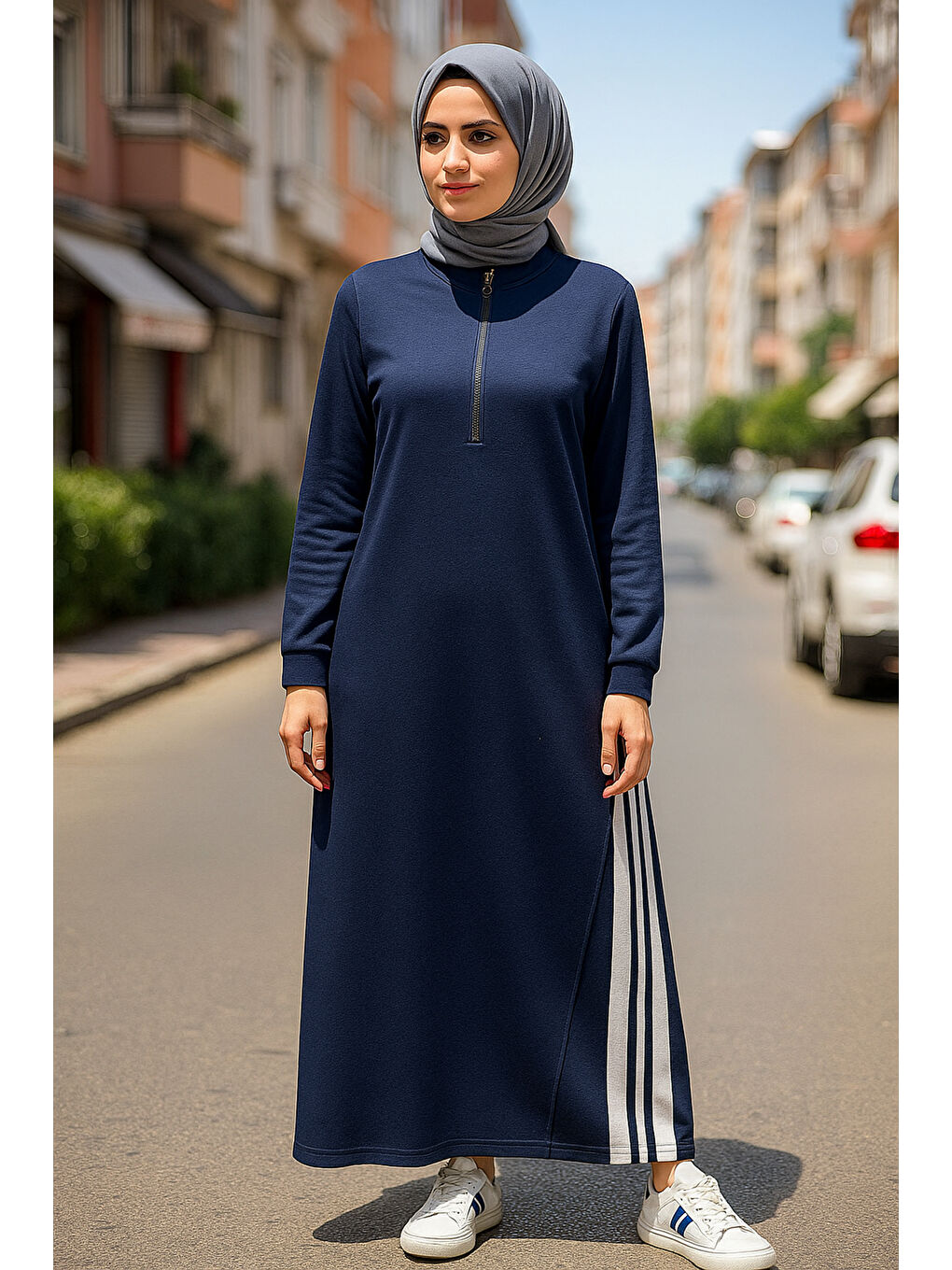 Şerit Detay Uzun Elbise 31472 Lacivert-1