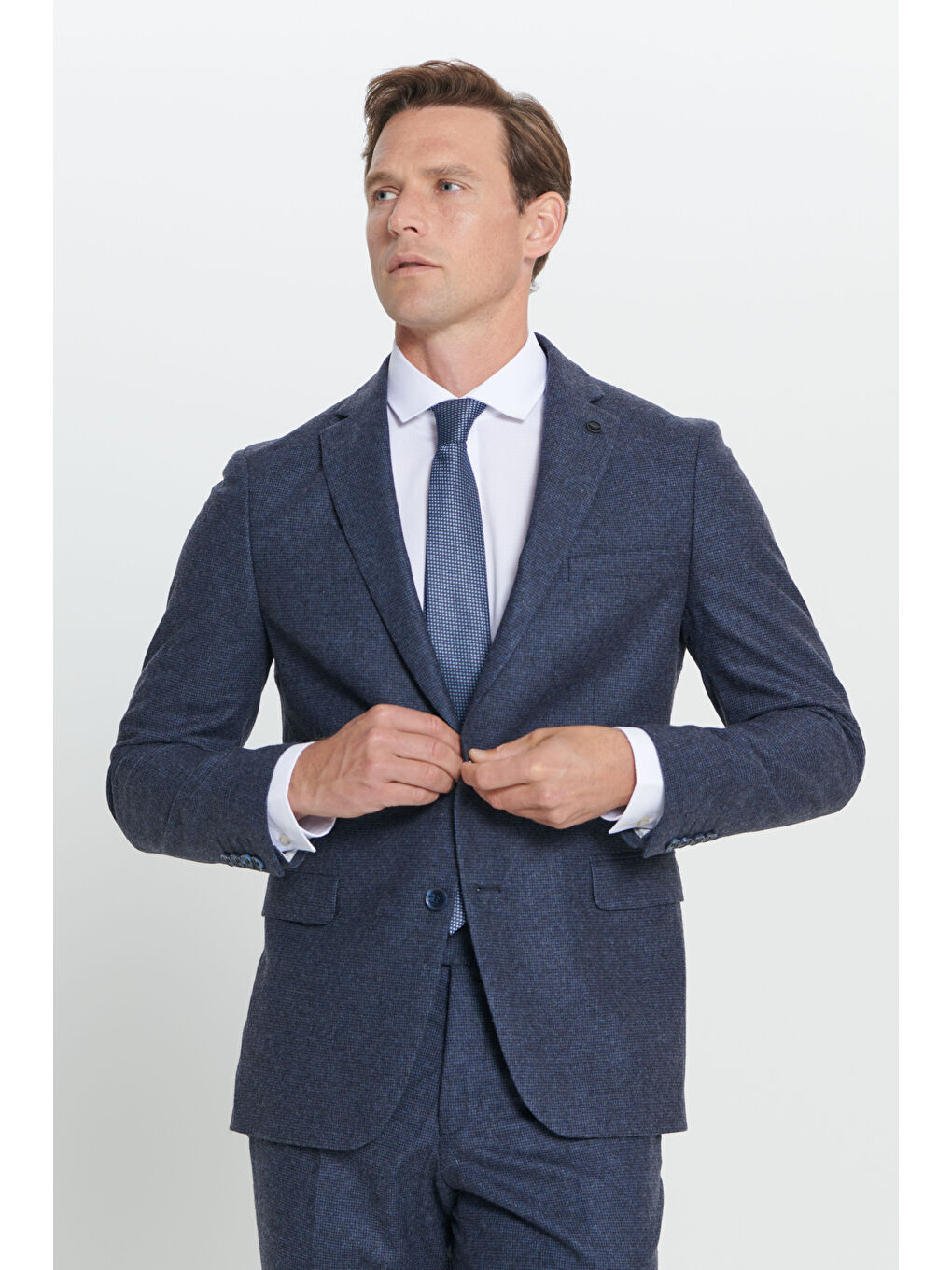 Erkek Lacivert Slim Fit Dar Kesim Mono Yaka Desenli Yünlü Takım Elbise