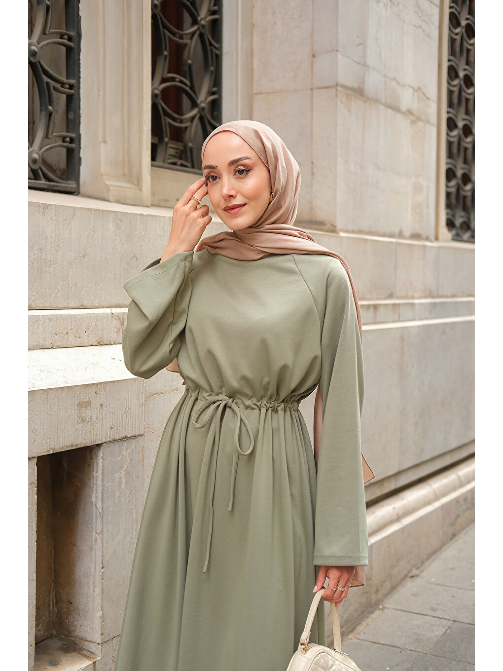 Kadın Bel Bağlama Detay Elbise Yeşil-1