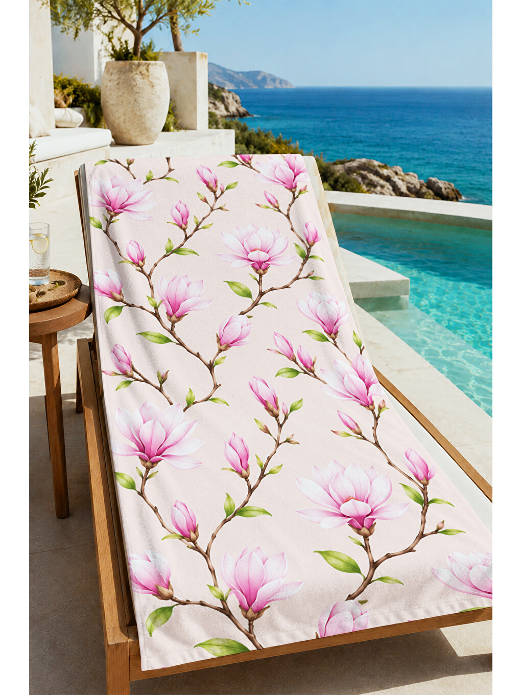 Romantik Pembe Manolya Dalları Desenli 70x150 Plaj Havlusu - Dijital Baskılı Banyo Havlusu-3