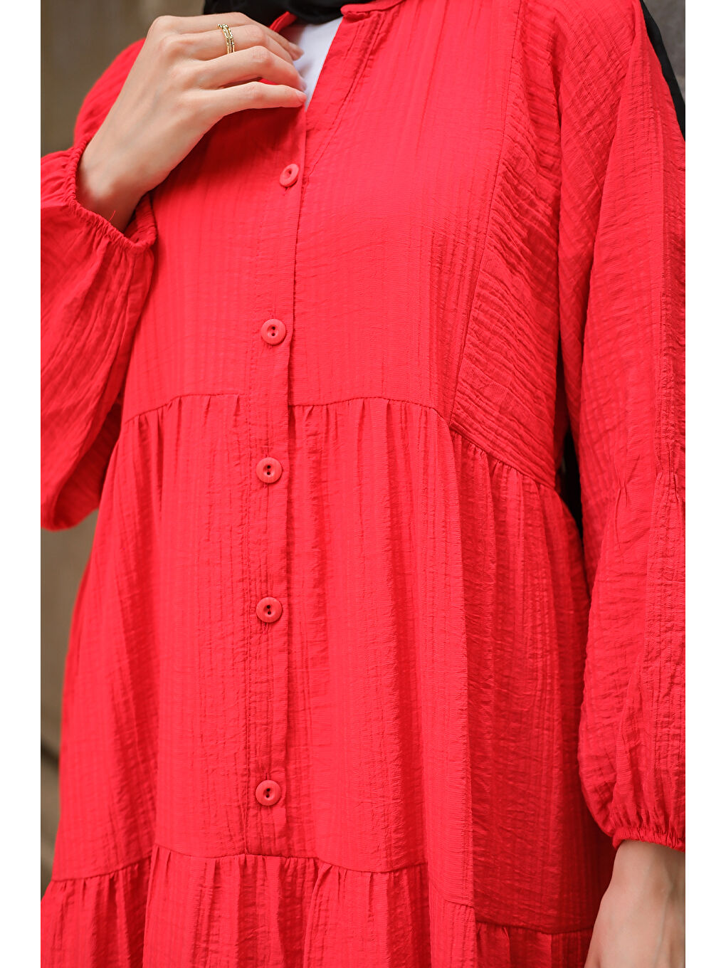 Kadın Kendinden Desenli Elbise Kırmızı-4