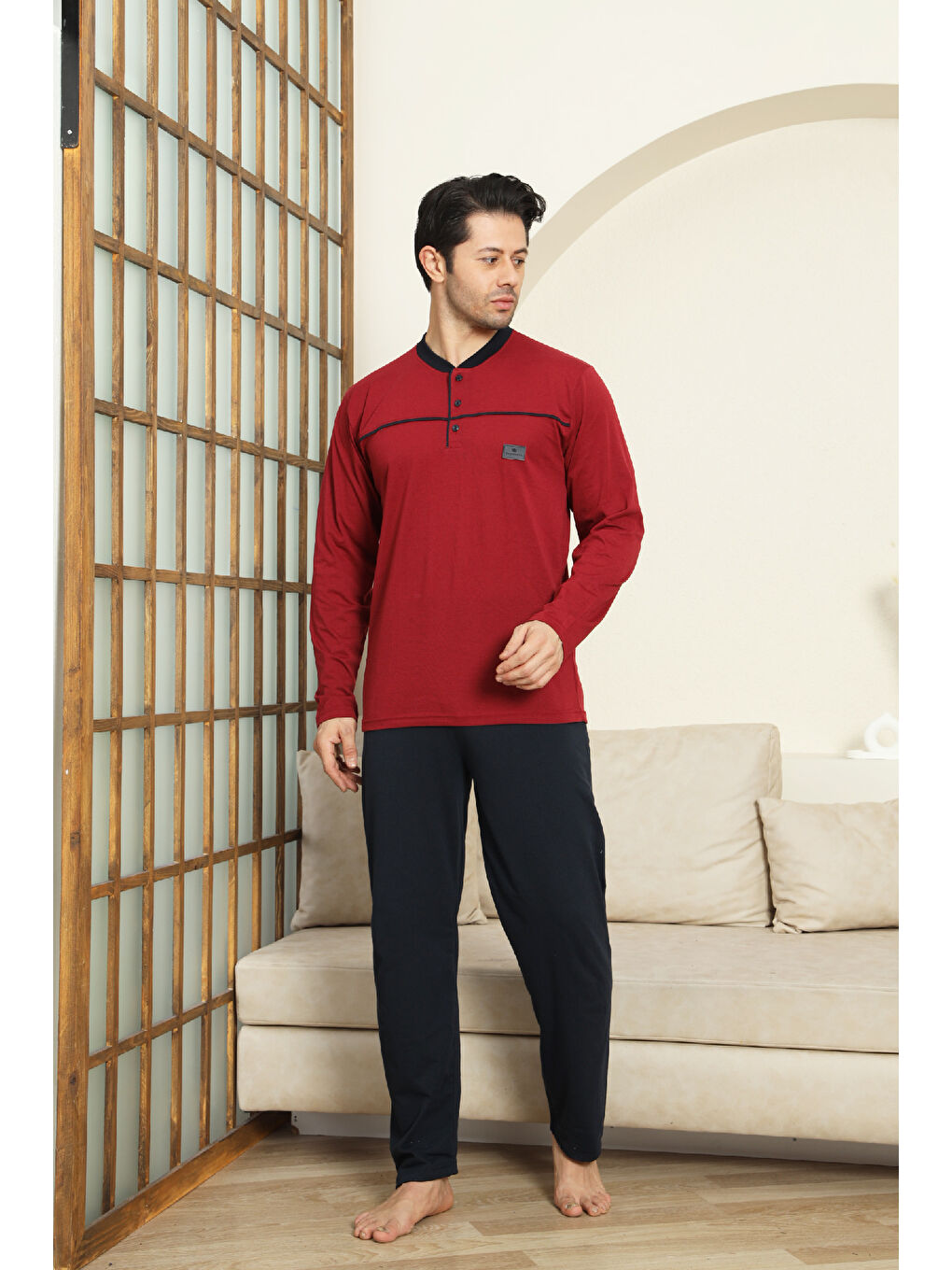 Bordo Erkek %100 Pamuklu Pijama Takımı-Robalı ve 3 Düğmeli-12489