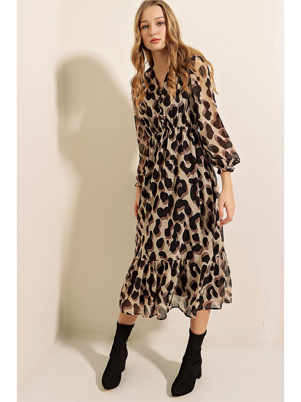 2137 Desenli Şifon Elbise - F.Bej-1