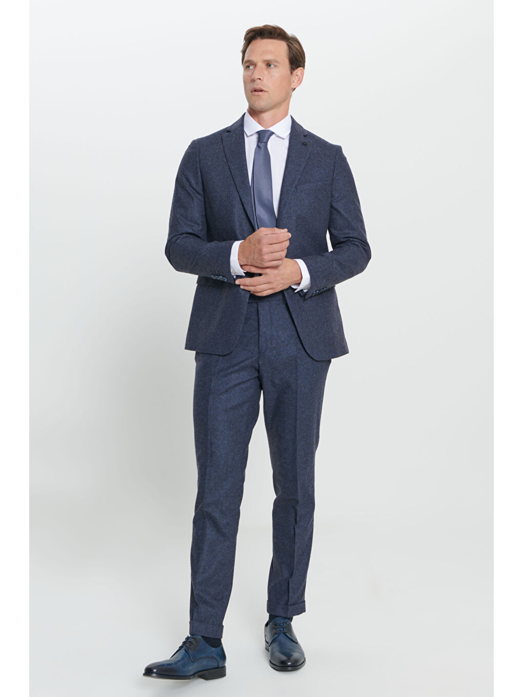 Erkek Lacivert Slim Fit Dar Kesim Mono Yaka Desenli Yünlü Takım Elbise-1