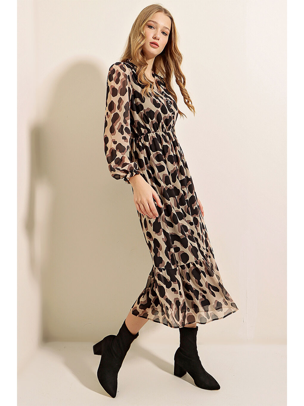 2137 Desenli Şifon Elbise - F.Bej-2