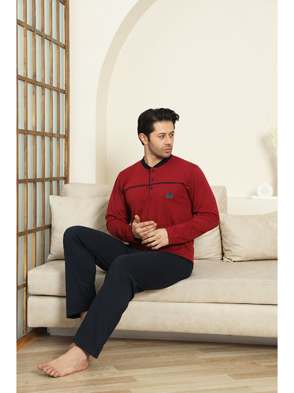 Bordo Erkek %100 Pamuklu Pijama Takımı-Robalı ve 3 Düğmeli-12489-1