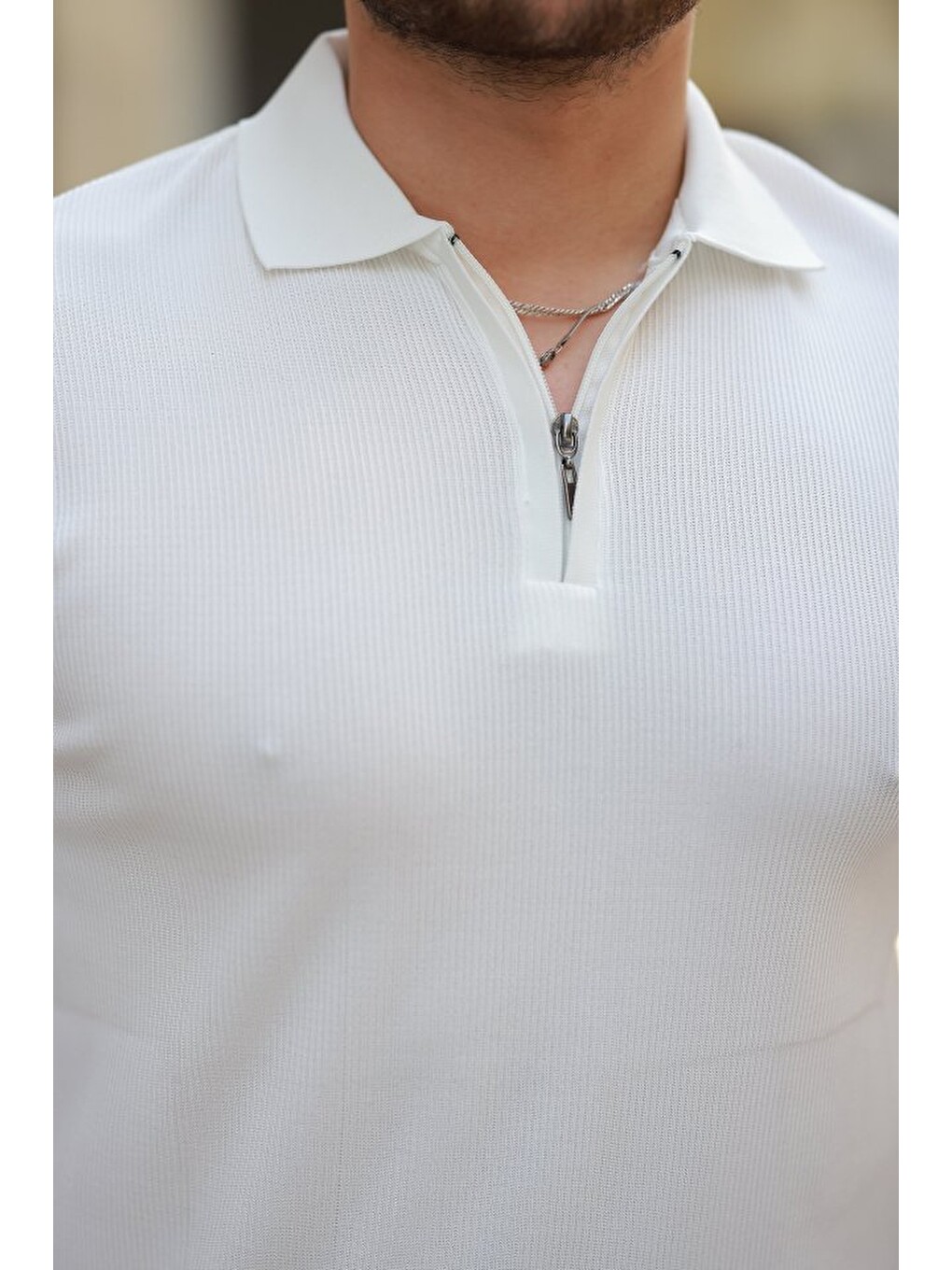 Beyaz Erkek Fermuarlı Yakalı Kısa Kollu Tshirt-1