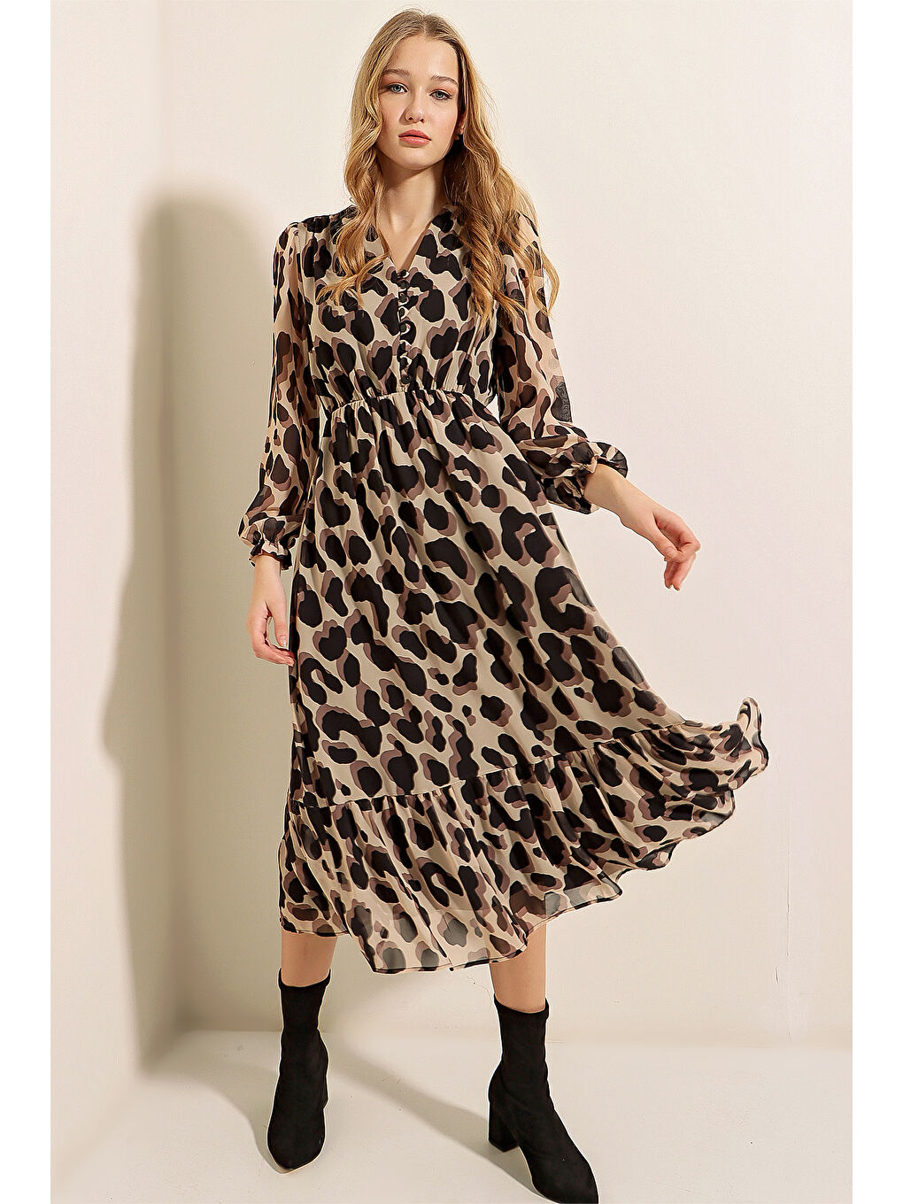 2137 Desenli Şifon Elbise - F.Bej-3