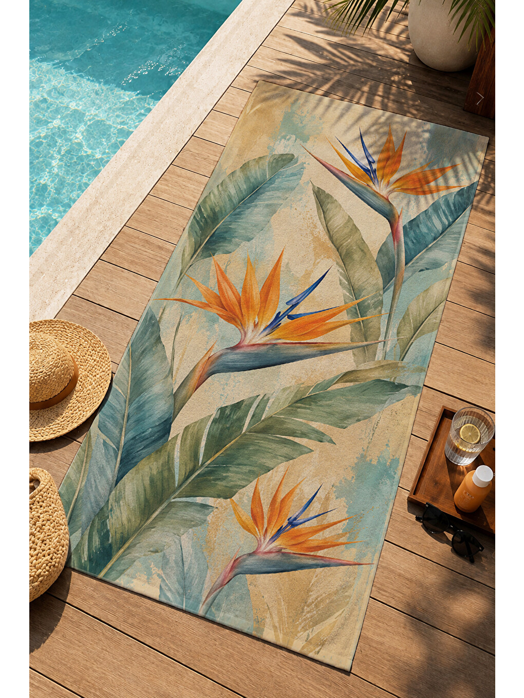 Yeşil Tropikal Cennet Kuşu Çiçekli Desenli 70x150 Plaj Havlusu - Dijital Baskılı Solmaz Banyo Havlusu-4