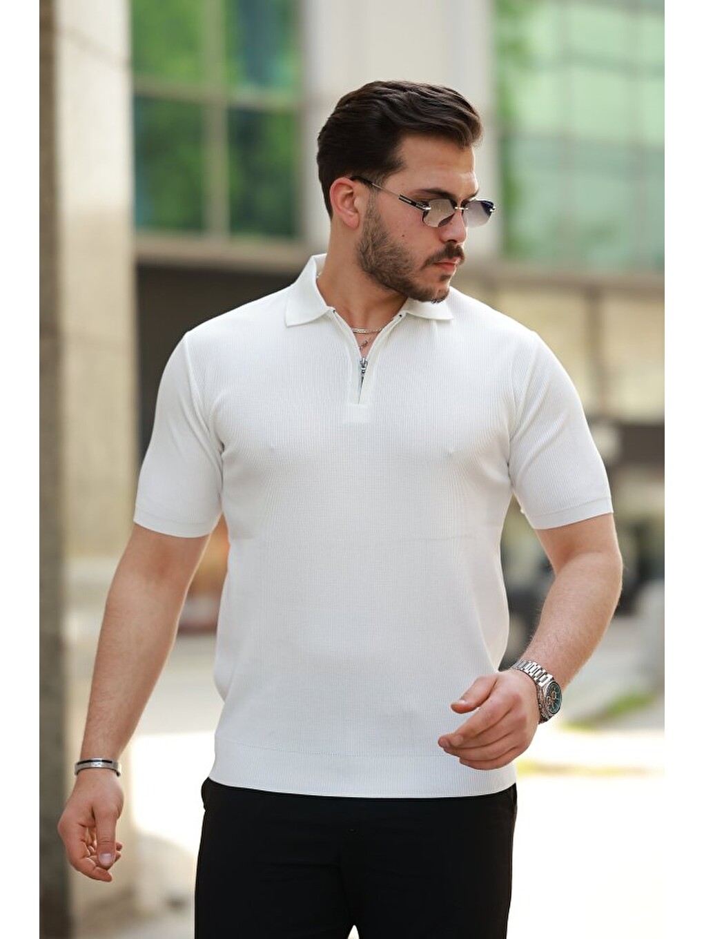 Beyaz Erkek Fermuarlı Yakalı Kısa Kollu Tshirt-2
