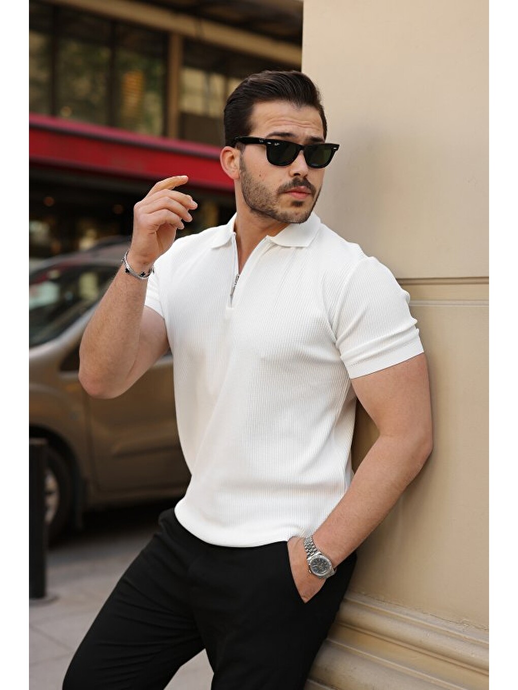 Beyaz Erkek Fermuarlı Yakalı Kısa Kollu Tshirt-3