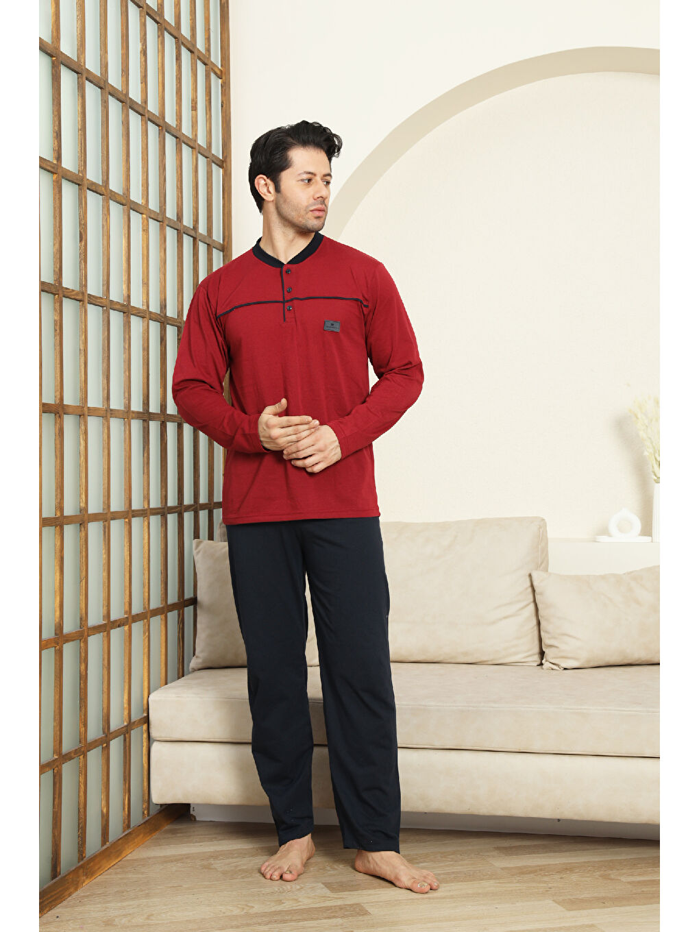 Bordo Erkek %100 Pamuklu Pijama Takımı-Robalı ve 3 Düğmeli-12489-2