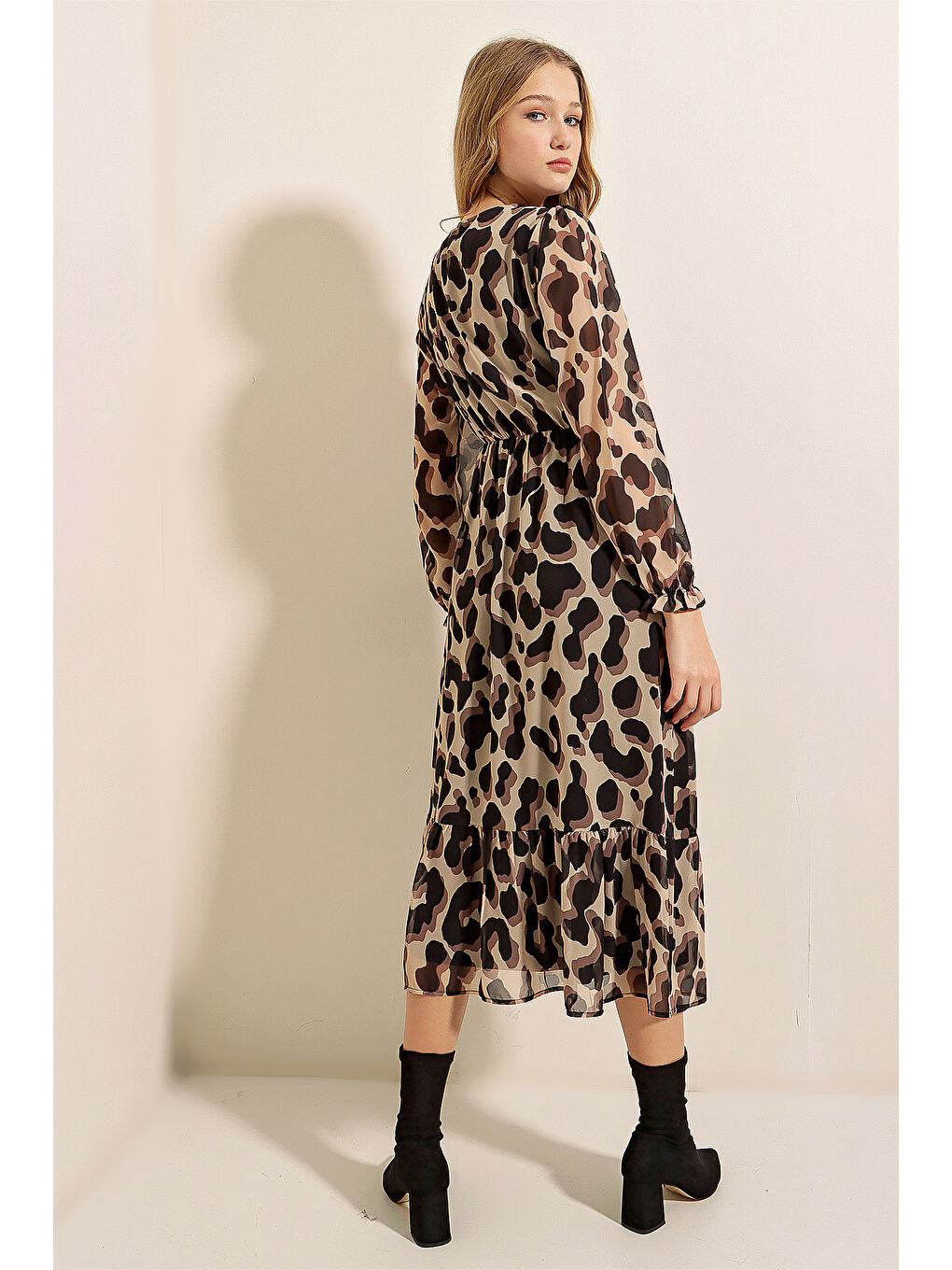 2137 Desenli Şifon Elbise - F.Bej-4