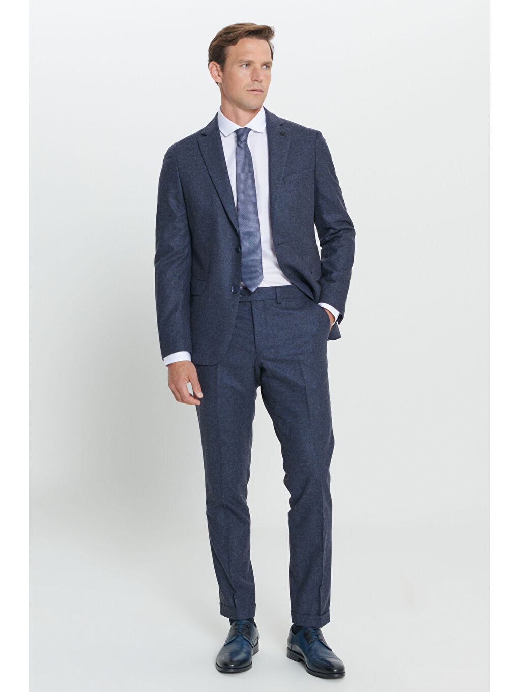 Erkek Lacivert Slim Fit Dar Kesim Mono Yaka Desenli Yünlü Takım Elbise-2