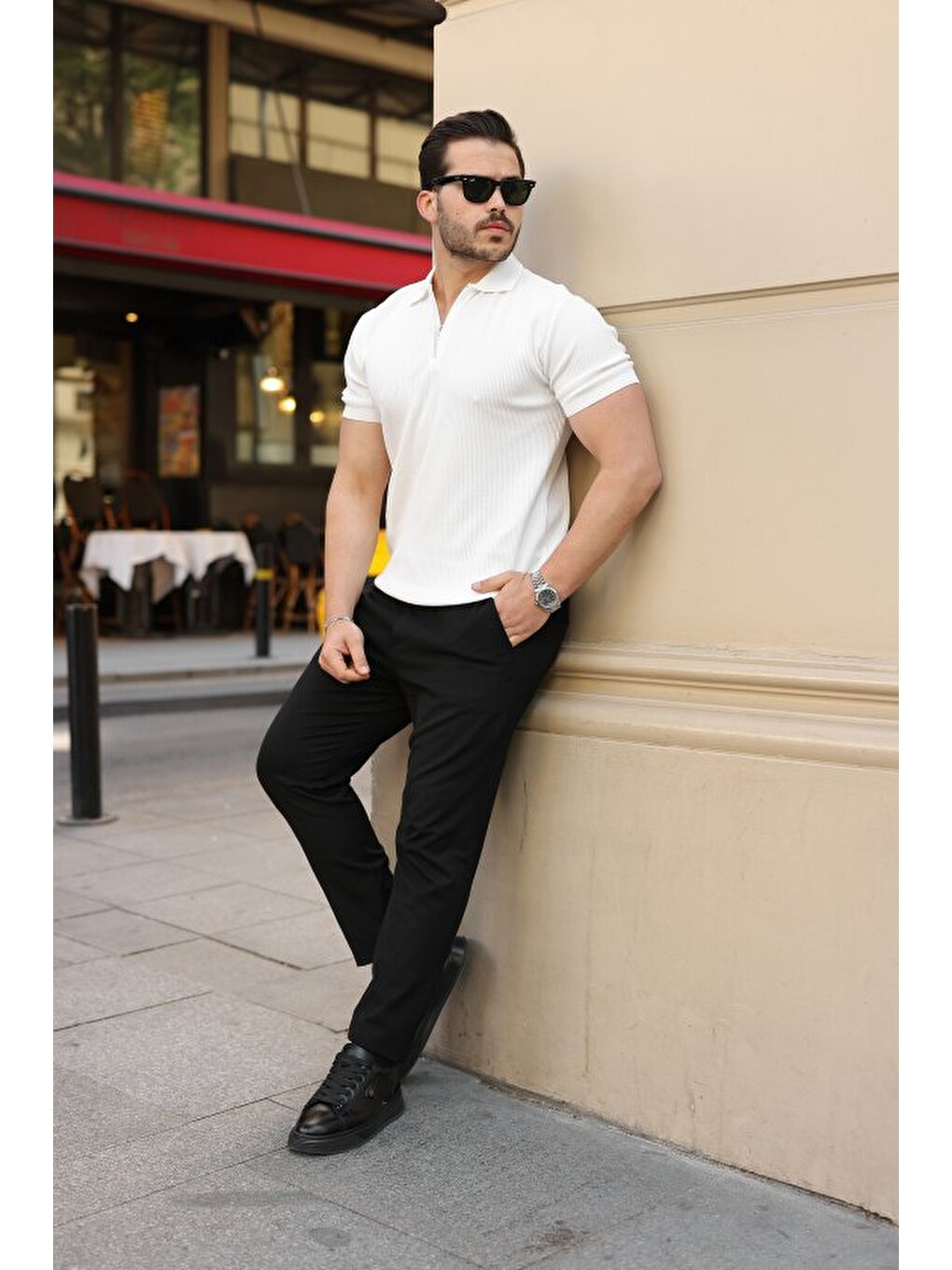 Beyaz Erkek Fermuarlı Yakalı Kısa Kollu Tshirt-4