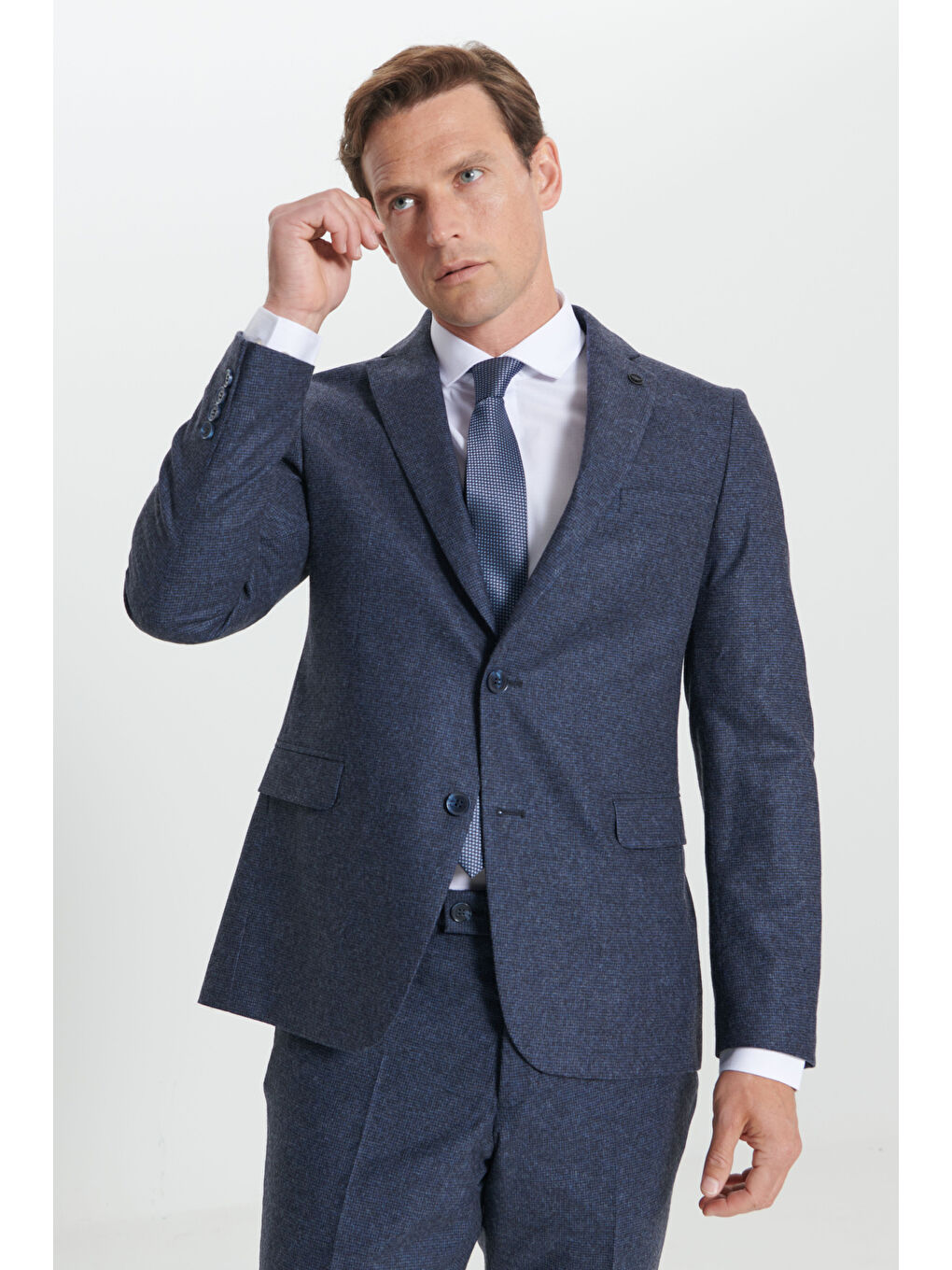 Erkek Lacivert Slim Fit Dar Kesim Mono Yaka Desenli Yünlü Takım Elbise-3