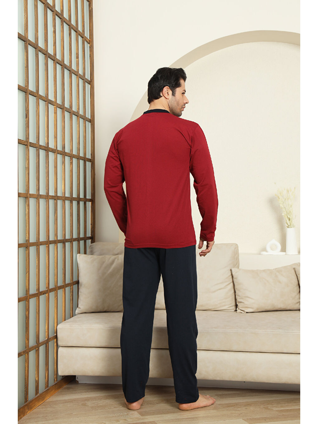 Bordo Erkek %100 Pamuklu Pijama Takımı-Robalı ve 3 Düğmeli-12489-3