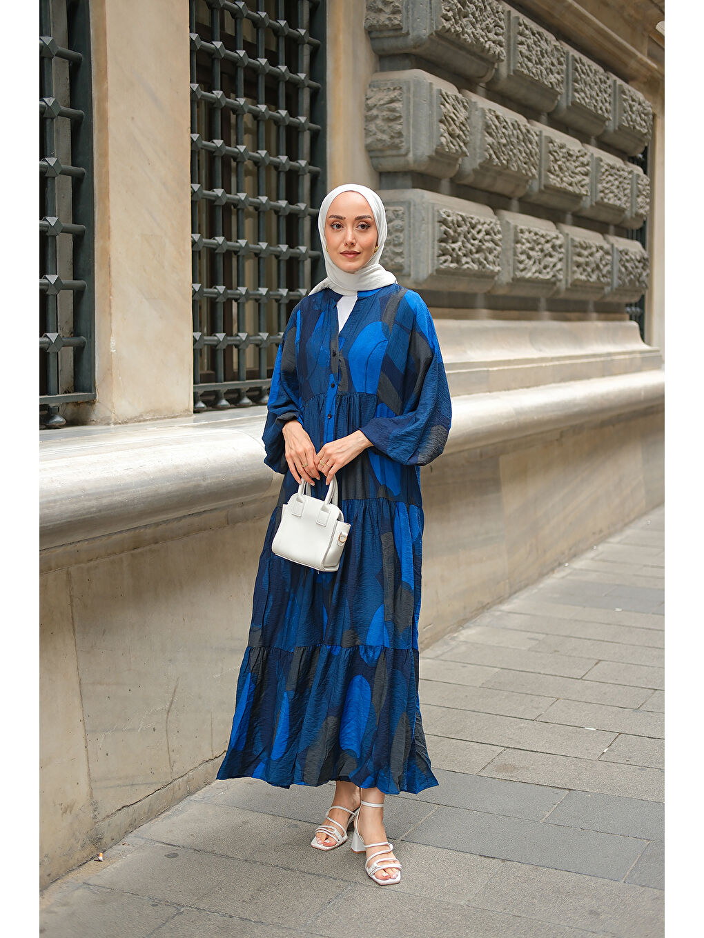 Kadın Parça Desenli Elbise Saks Mavi-4